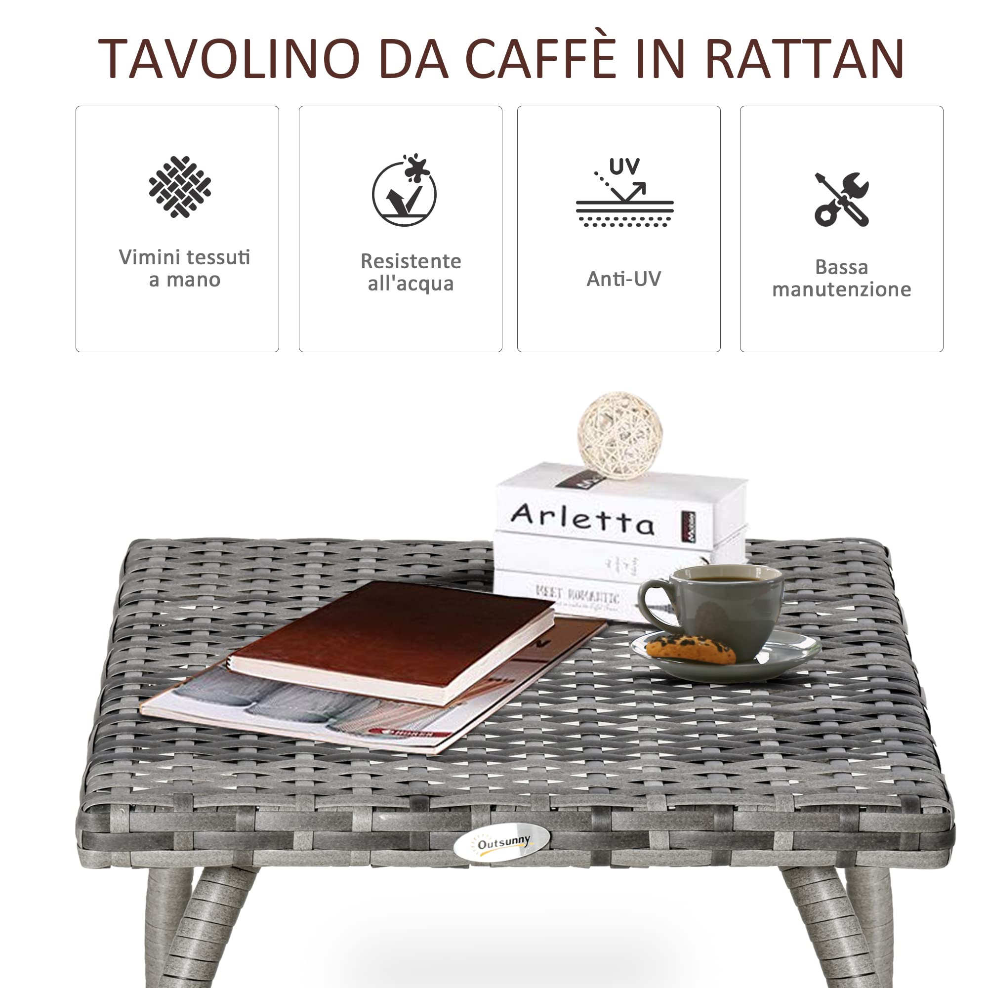 Outsunny Tavolino in Rattan Sintetico da Esterno, Giardino, Terrazzo Impermeabile Grigio 45x45x44cm