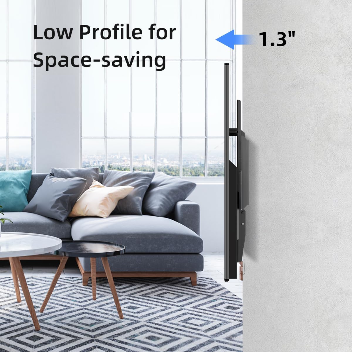 Side view of a TV mounted on the wall, showing a low profile of 1.3 inches from the wall.