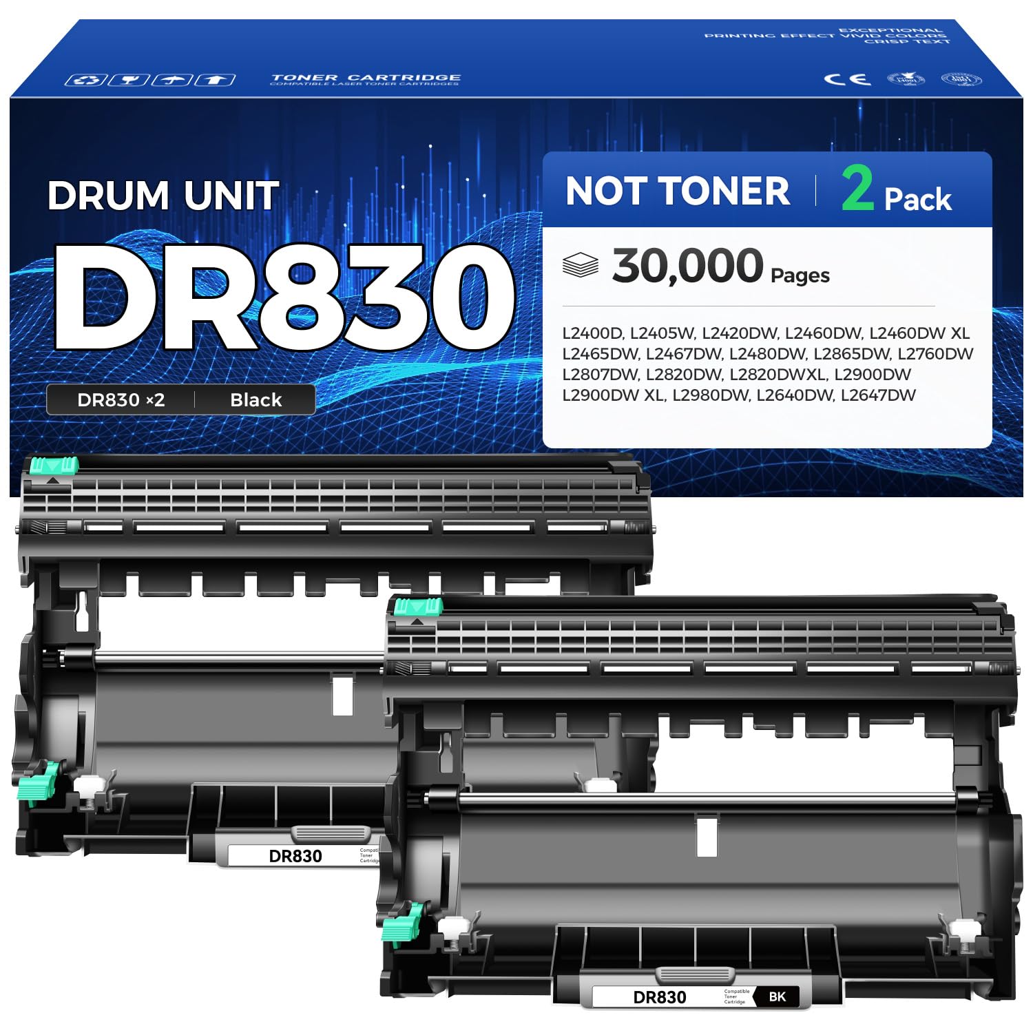 DR830 Drum Unit (Not Toner) 2-Pack Replacement for Brother DR-830 Imaging Drum Compatible for HL-L2460DW HL-L2405W HL-L2480DW MFC-L2820DW MFC-L2900DW DCP-L2640DW HL-L2400D HL-L2460DW XL Laser Printer