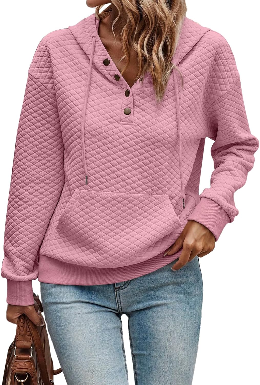 SHEWIN Women's Hoodies Casual Long Sleeve Quilted Half Button Drawstring Hooded Sweatshirt