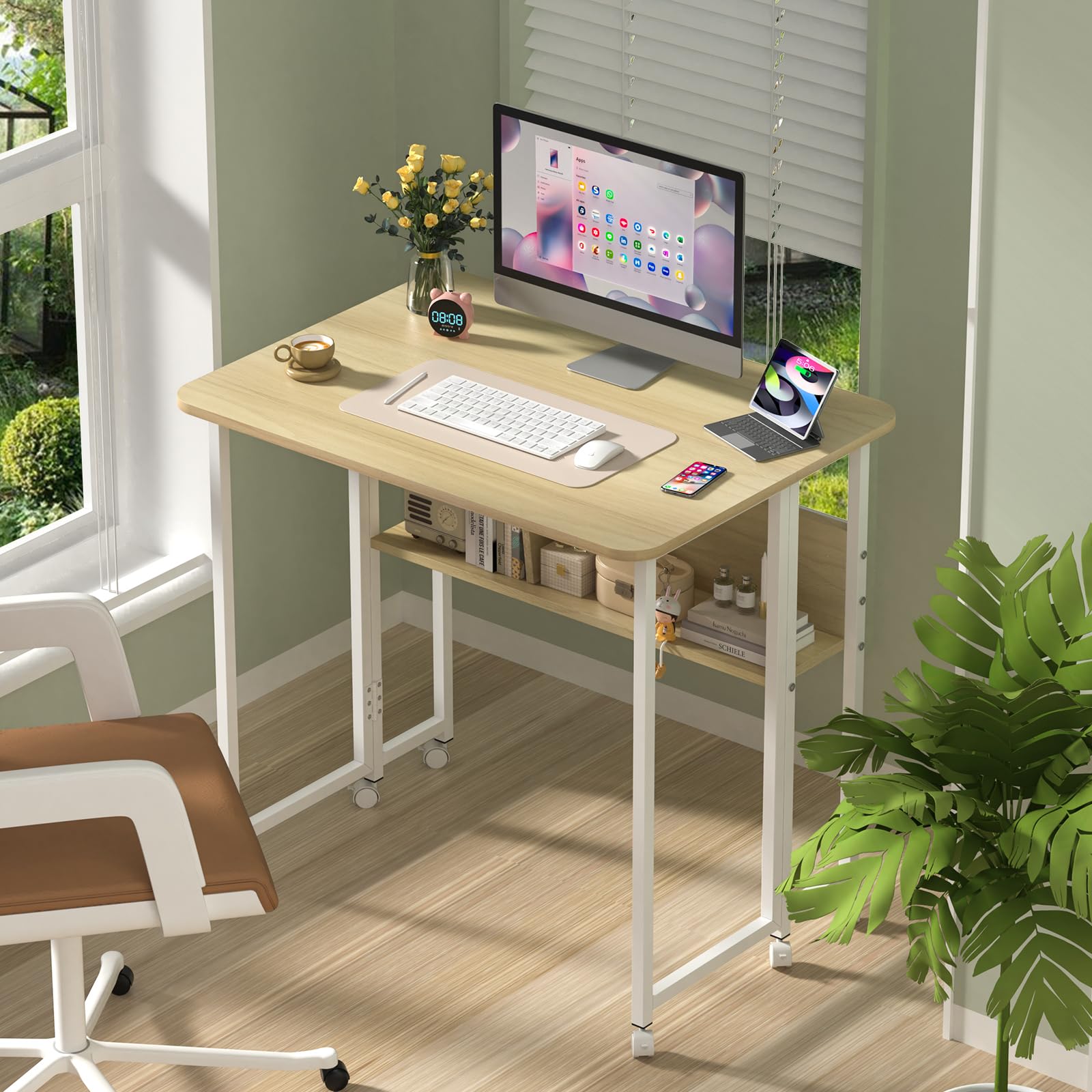 HUOLE - Tavolino per soggiorno, divano, esterno, regolabile in altezza, da appoggio per ufficio, per soggiorno, camera da letto, 80 x 58 x 75 cm - acero bianco