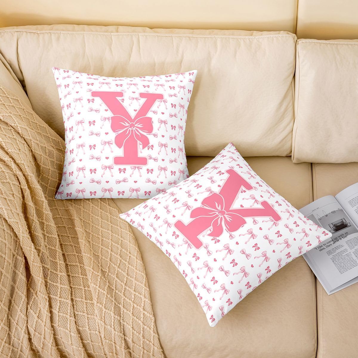 Castle Fairy Kids Girls Cute Pink Bow Pillow Cover 16"x16",Monogrammed Cushion Cover for Couch Sofa, Personalized Initial Y Outdoor Pillow Case,Coquette Bow Knot Reversible Throw Cushion Case image 2