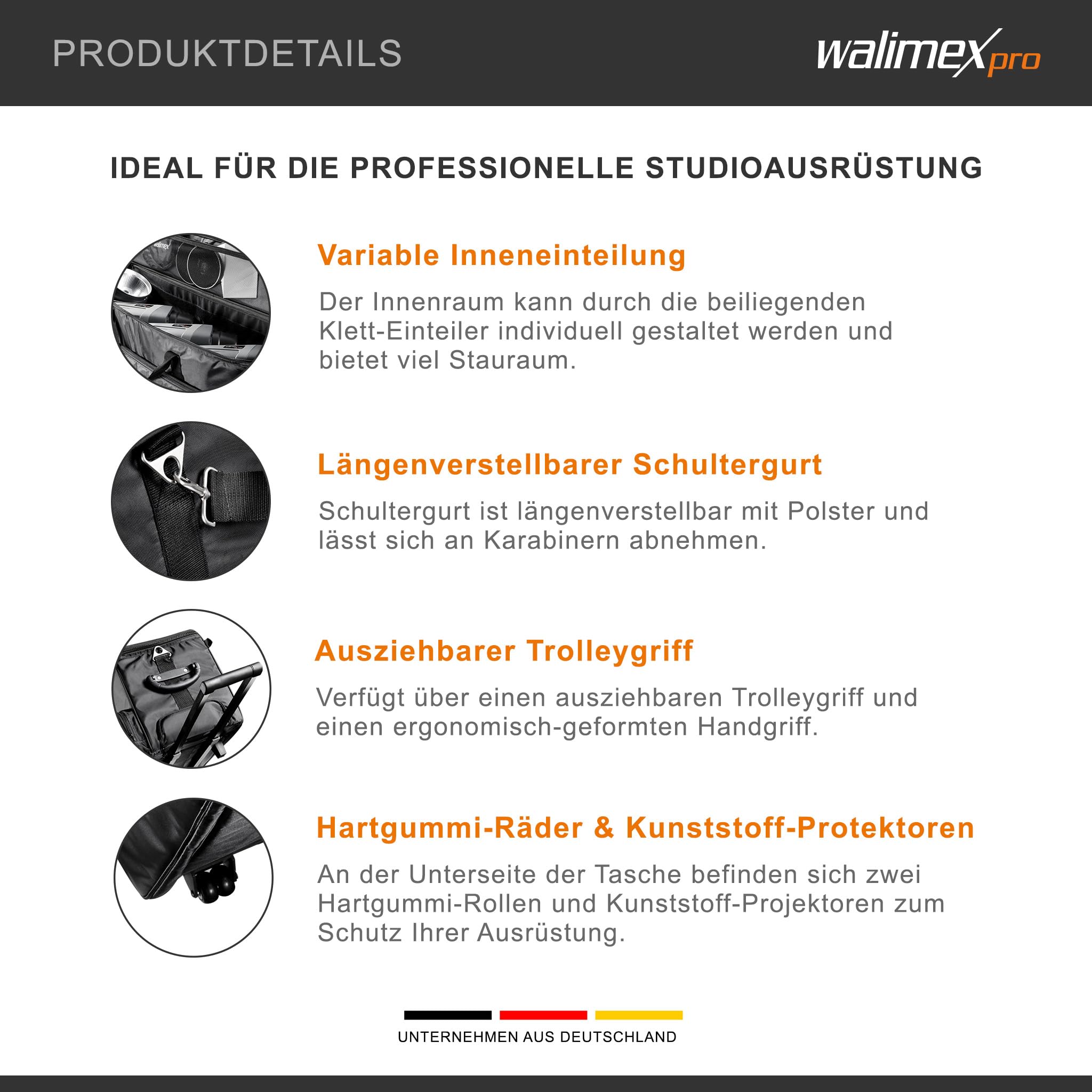 Walimex Pro Studio-Trolley XL – schwarz – 1027 x 379 x 324 mm – inkl. ausziehbaren Trolleygriffs, gepolsterten Schultergurts, variabler Inneneinteilung, Hartgummiräder – Stativtasche, Kameratasche