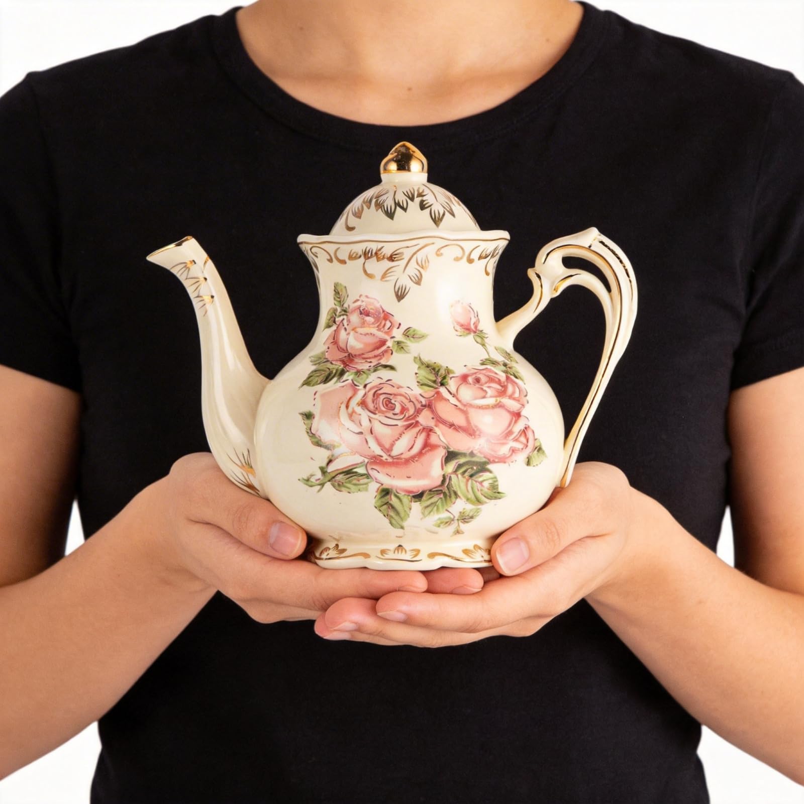 Amazon | YOLIFE レッドローズティーポット アイボリーセラミック