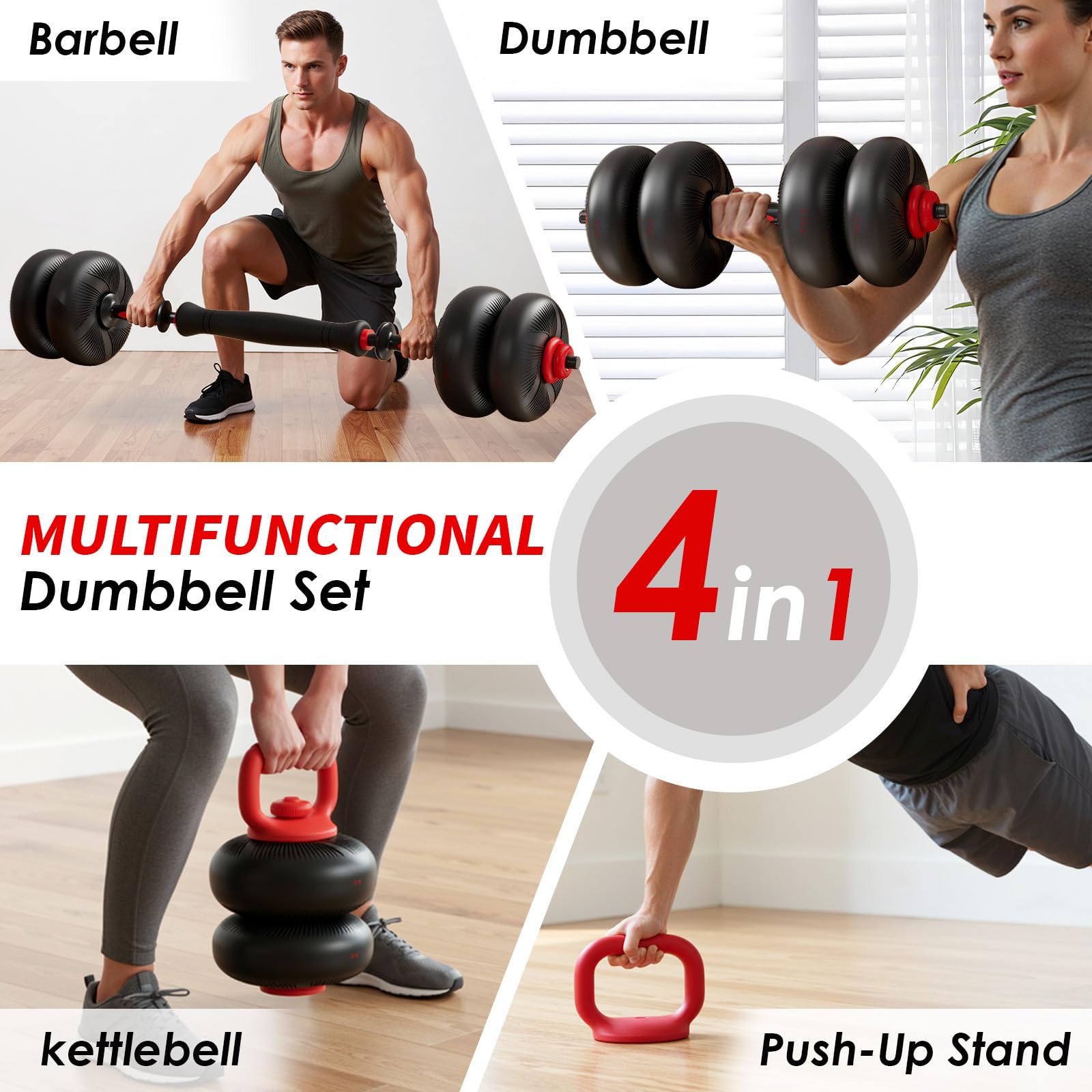 Haltères Réglables 20 kg 25 kg Ensemble d'haltères 4 en 1, Kettlebell, Haltère Barre, Support de Pompes, Disque pour Home Gym Fitness