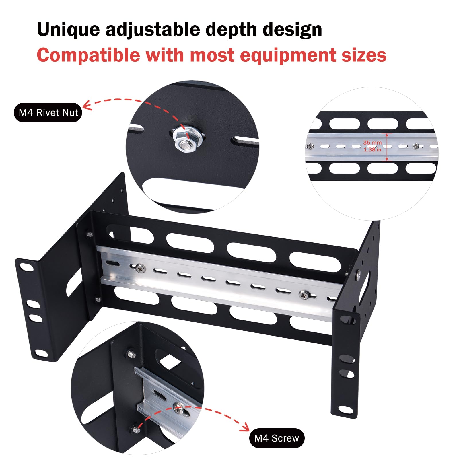 GeeekPi Support de montage sur rail DIN à profondeur réglable 2U de 10 pouces pour DeskPi RackMate T1/T0/T2/T0 Plus/T1 Plus, compatible avec les appareils de réseau industriel de 35 mm et armoire