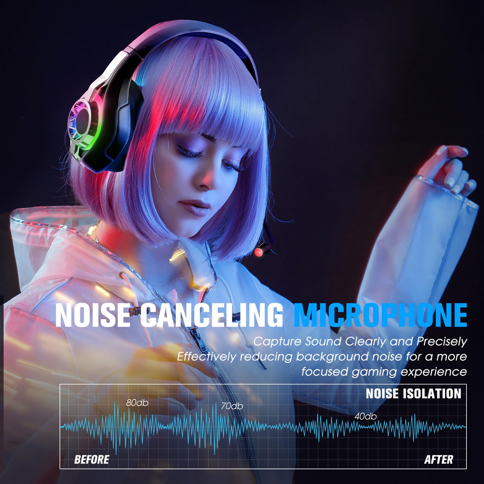 Cocoarm Cuffie da Gioco Wireless, Cuffie da Gioco per PC da 2,4 GHz con Surround 7.1, Microfono con Cancellazione del Rumore, Illuminazione RGB, Driver da 40 Mm, a 3 modalità per Giocatori Mobili