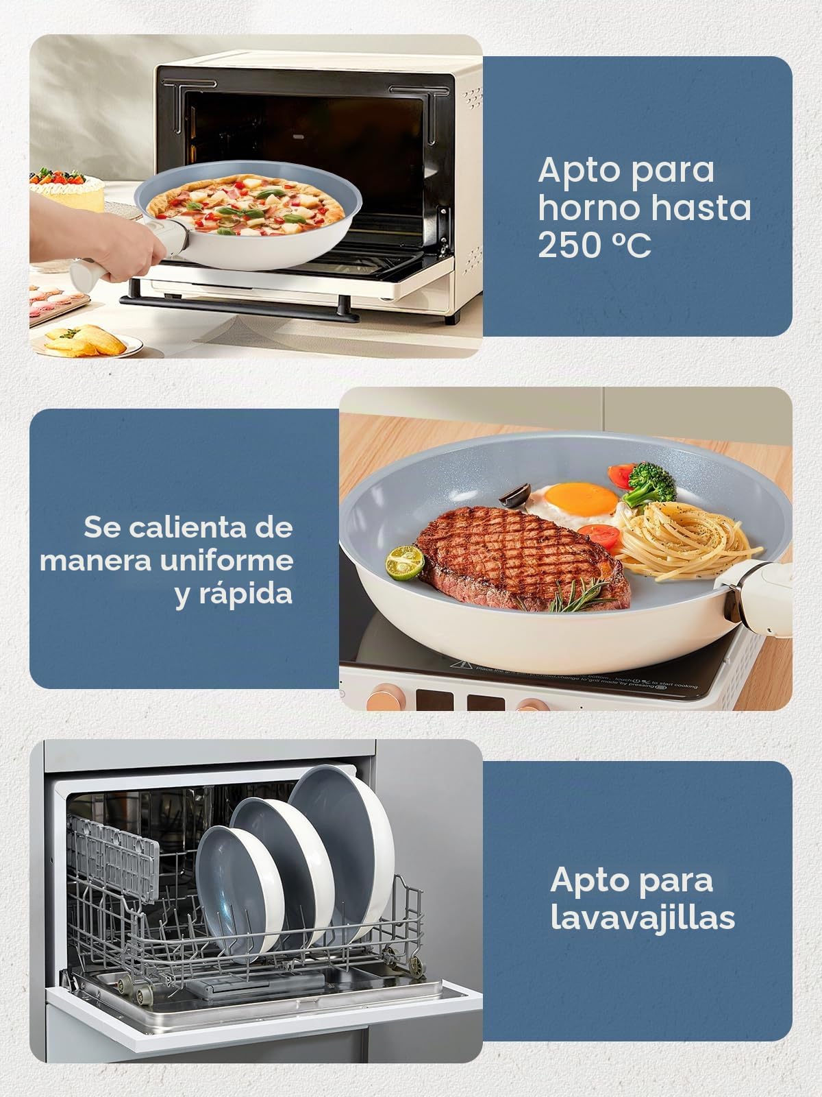 FOHERE 3 PCS Juego de Sartenes Antiadherentes con Mango Extraíble, Aluminio | Recubrimiento Cerámico Sartenes Inducción