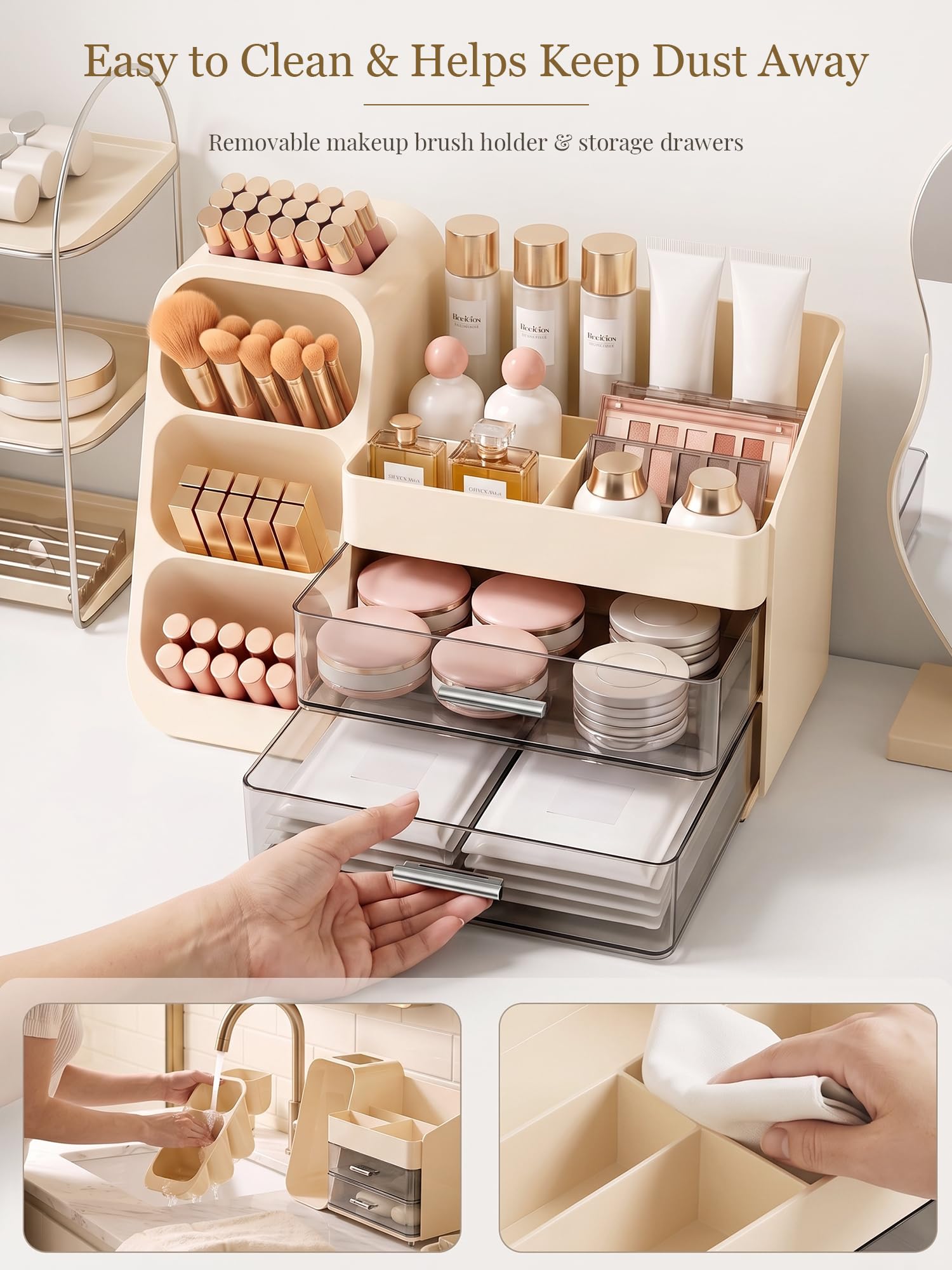 Booklov Large Makeup Organizer for Vanity Countertop, Cream 4