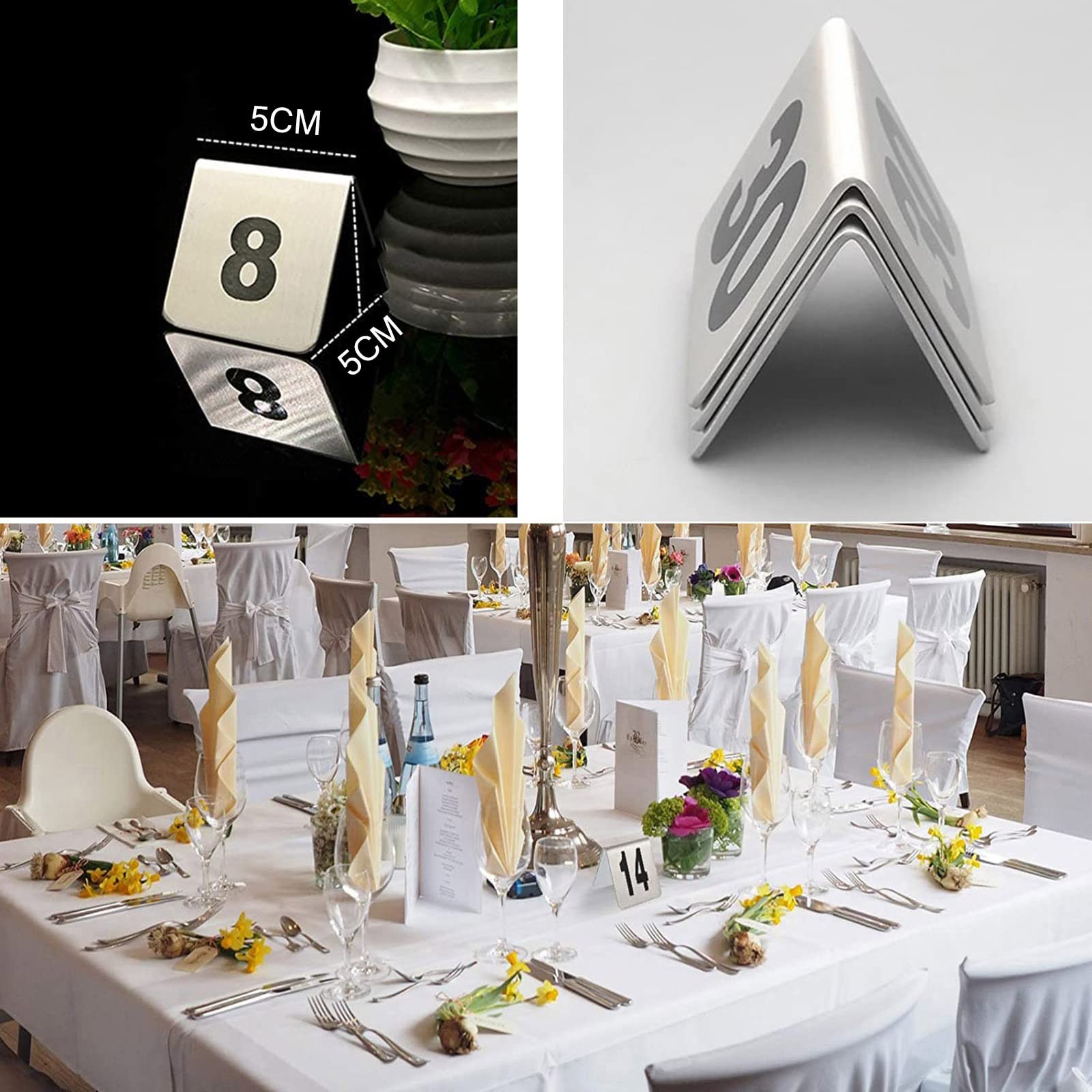 V3VOGUE Stainless Steel Table Number Signs - for Cafés Restaurant Bars Weddings Parties - Tent Style Table Numbers 1-50/1-100 - Sturdy Stable - Stackable Metal Table Number Cards