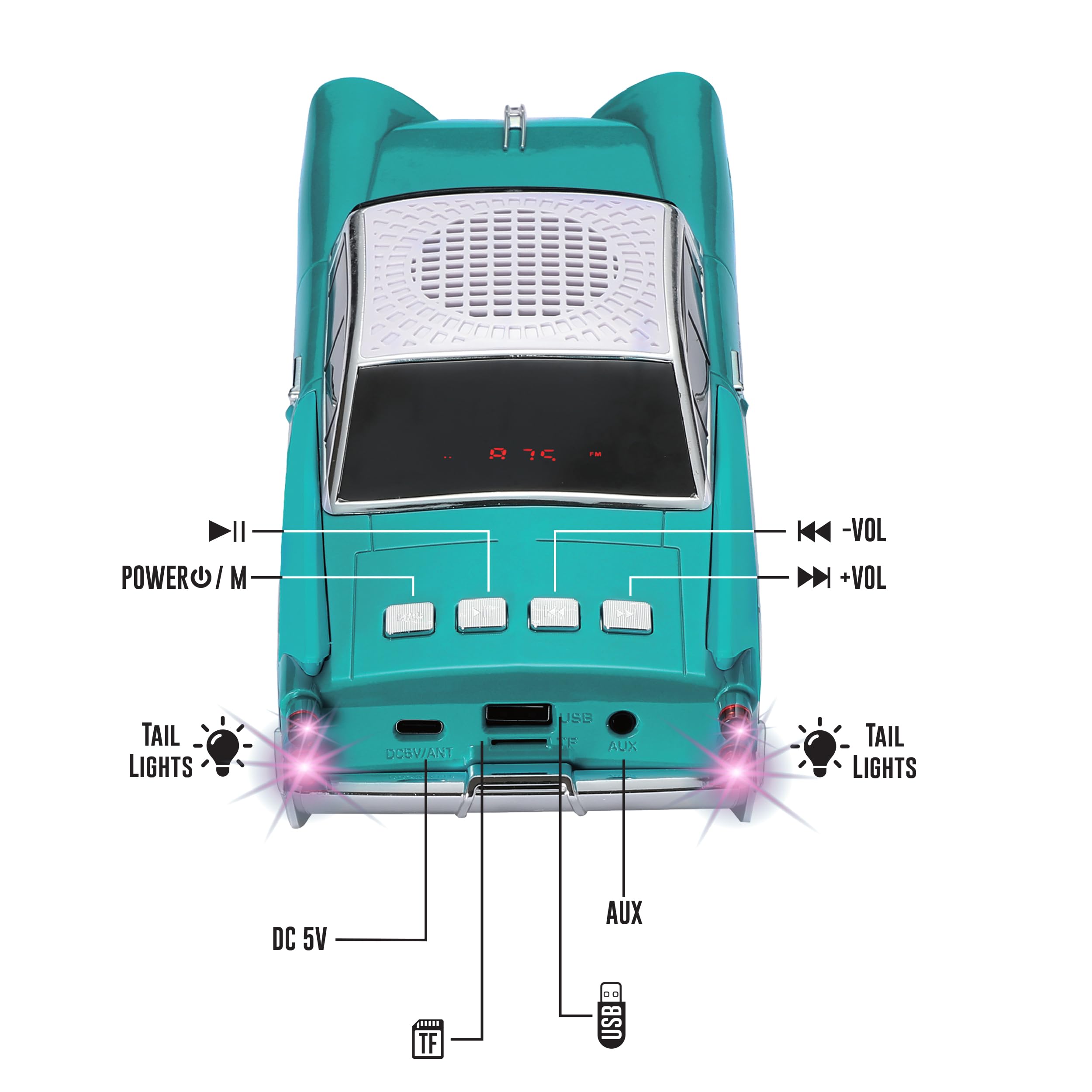 QFX Bluetooth 1959 Retro Classic Car Speaker, Dual 2-inch Speakers, Hands-Free Link, Built-in Microphone, FM Radio, and LED Party Lights, Emerald - BT-1959-EMR 4