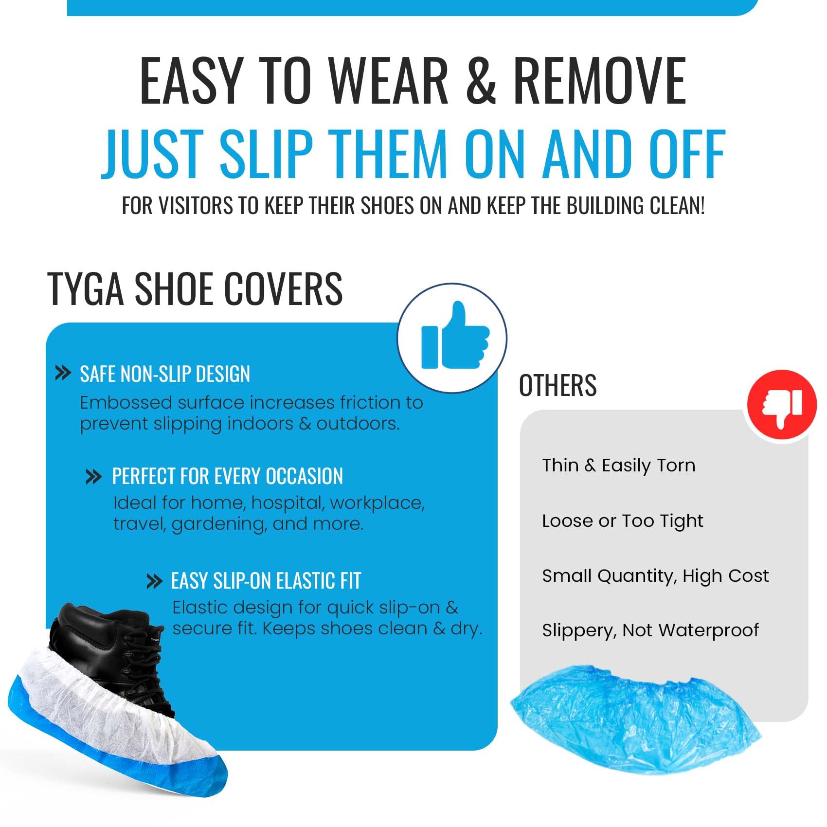 TYGA - Soprascarpe resistenti, riutilizzabili, di lunga durata, in CPE/PP (160, blu e bianco)