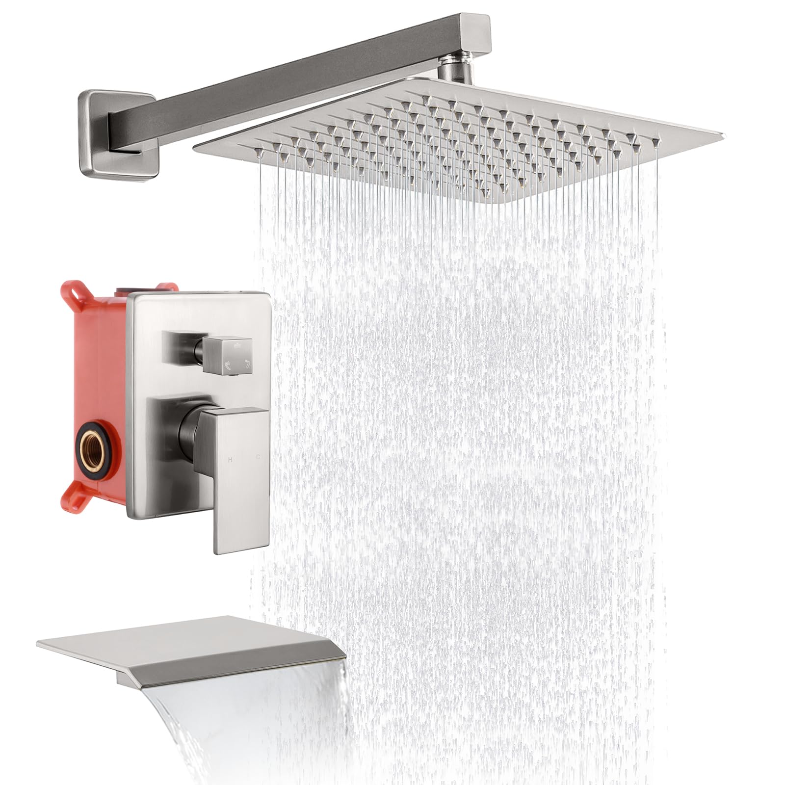BANGPU Brushed Nickel Tub and Shower Faucet Set Wall Mounted Tub Shower Faucet Set Single Handle Bathroom Shower System with Waterfall Tub Spout