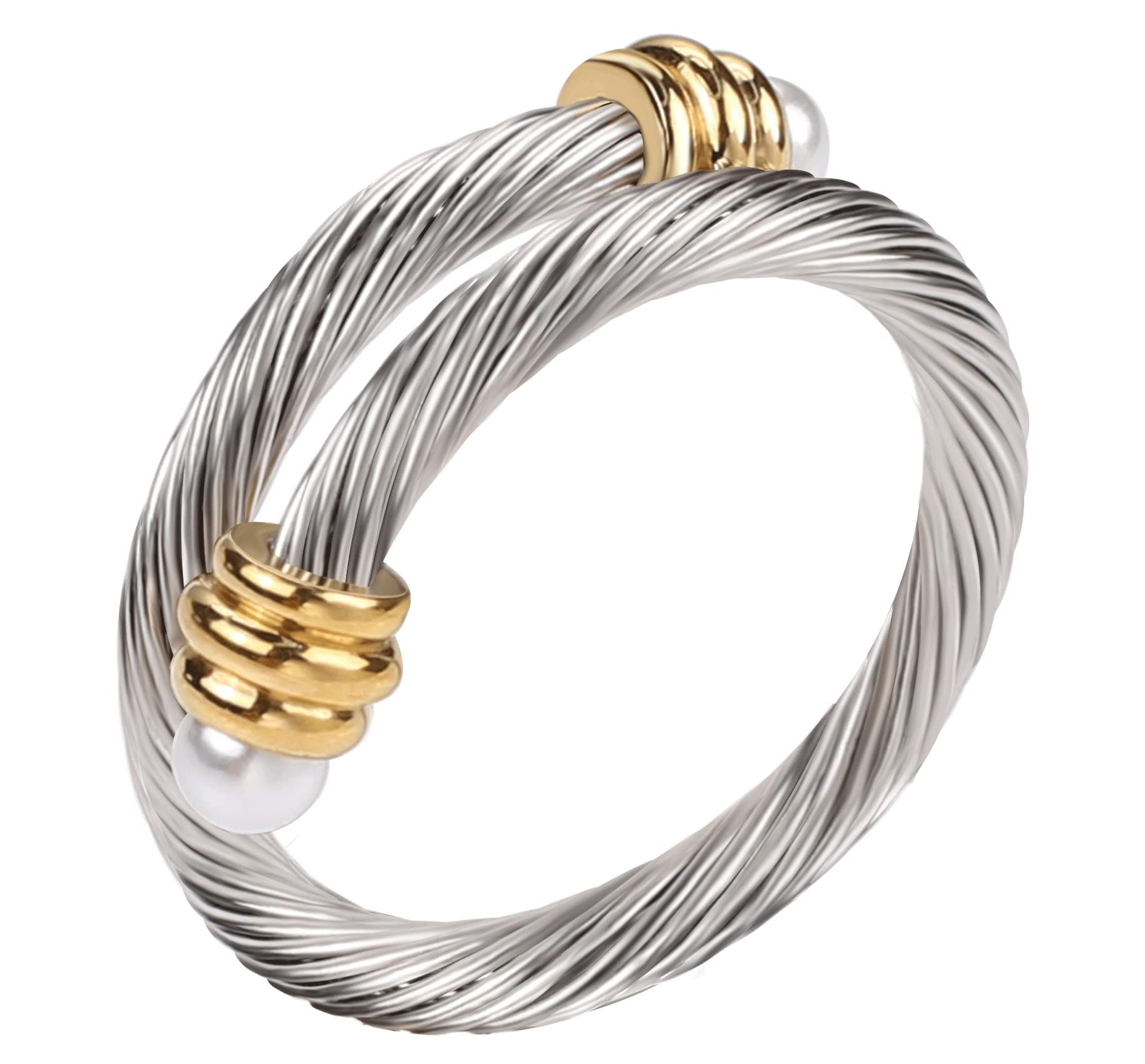ChukiyardTwisted Cable Wire Rings for Women, Adjustable Stainless Steel Open ring in Two Tone Silver Gold for Girls Designer Brand Inspired Jewelries in Gift Box
