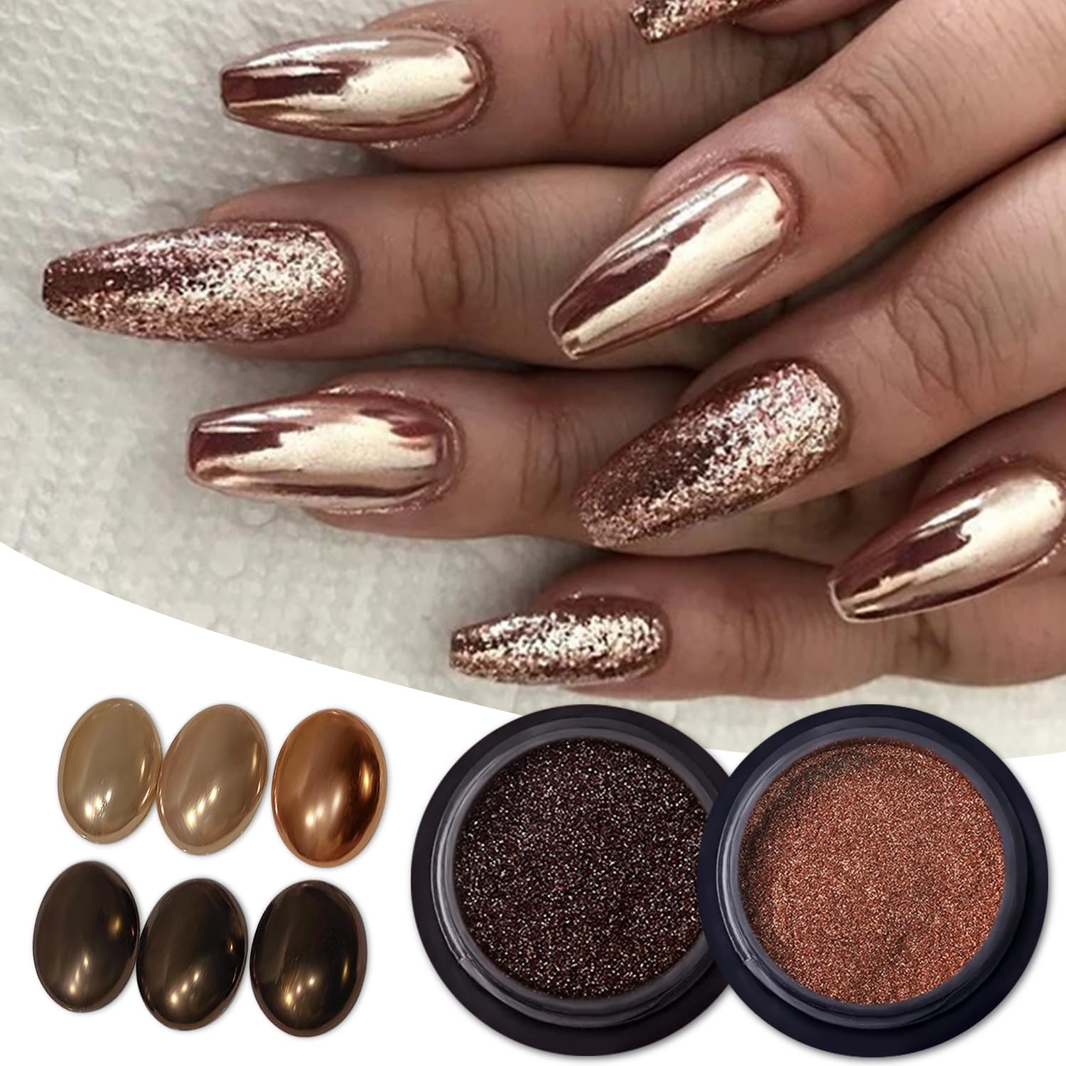 2Pcs Apple Gold Brown Chrome Nail Powder Black Coffee Metallic Mirror Effect Glazed Chocolate Nail Glitter for Gel Polish Design Acrylic Holographic Nails Art Pigment Dust Decorations