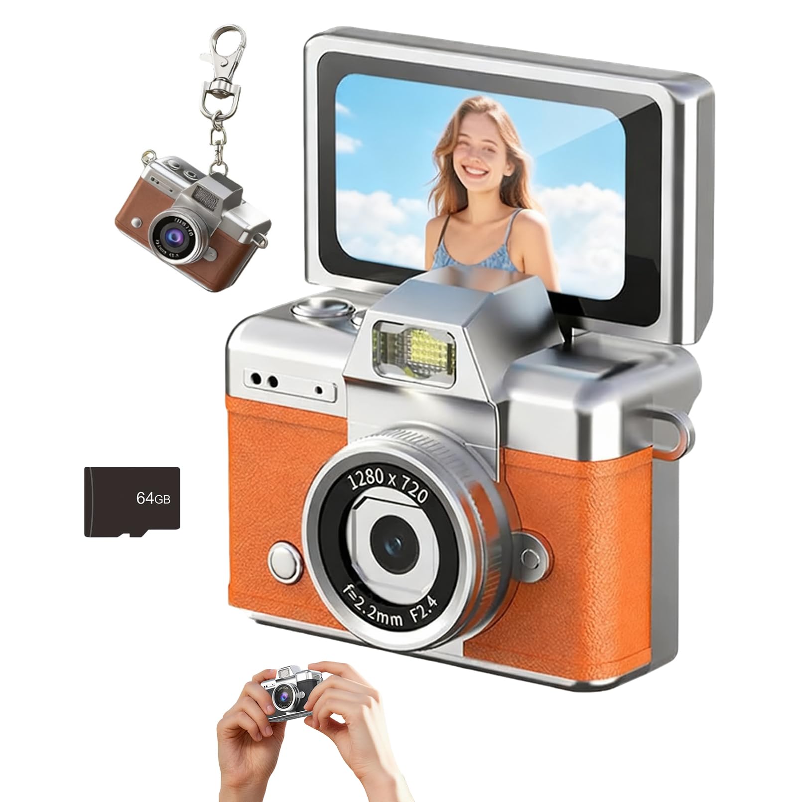 Mini Digital Camera Keychain with 1.47 in LCD Screen 1080P, 2026 New Mini Retro Camera, Retro Ccd Digital Camera with Lanyard, Built-in Flash, Include 64gb Tf Card for Travel Party (Orange)-image-25