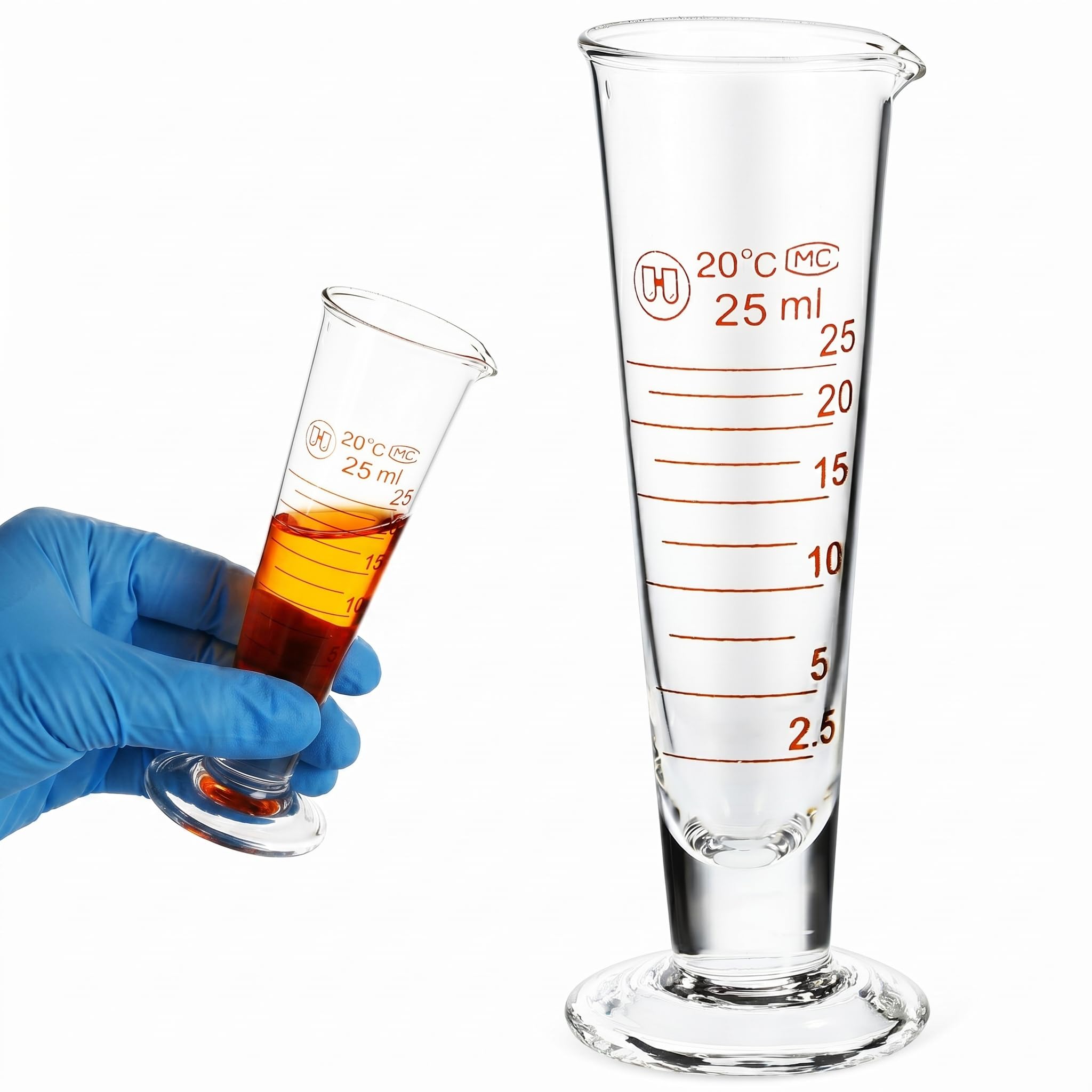 Cilindro de medición de 25 ml con boquilla de boca ancha antigoteo