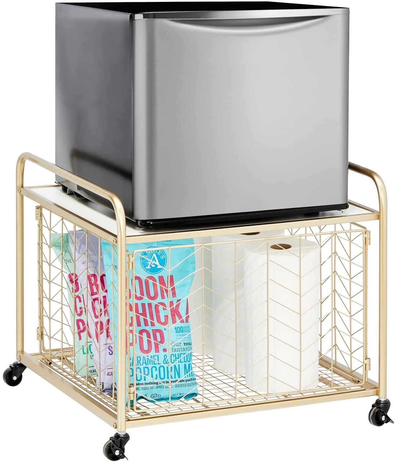 Indian Decor® 36500 Classic Steel 2-Tier Storage Stand for Mini Fridge, Rolling Cart with Easy-Grip Handles, Chevron Wire Sliding Drawer Basket, Metal Frame, Swivel Rotating Wheels--picture-39