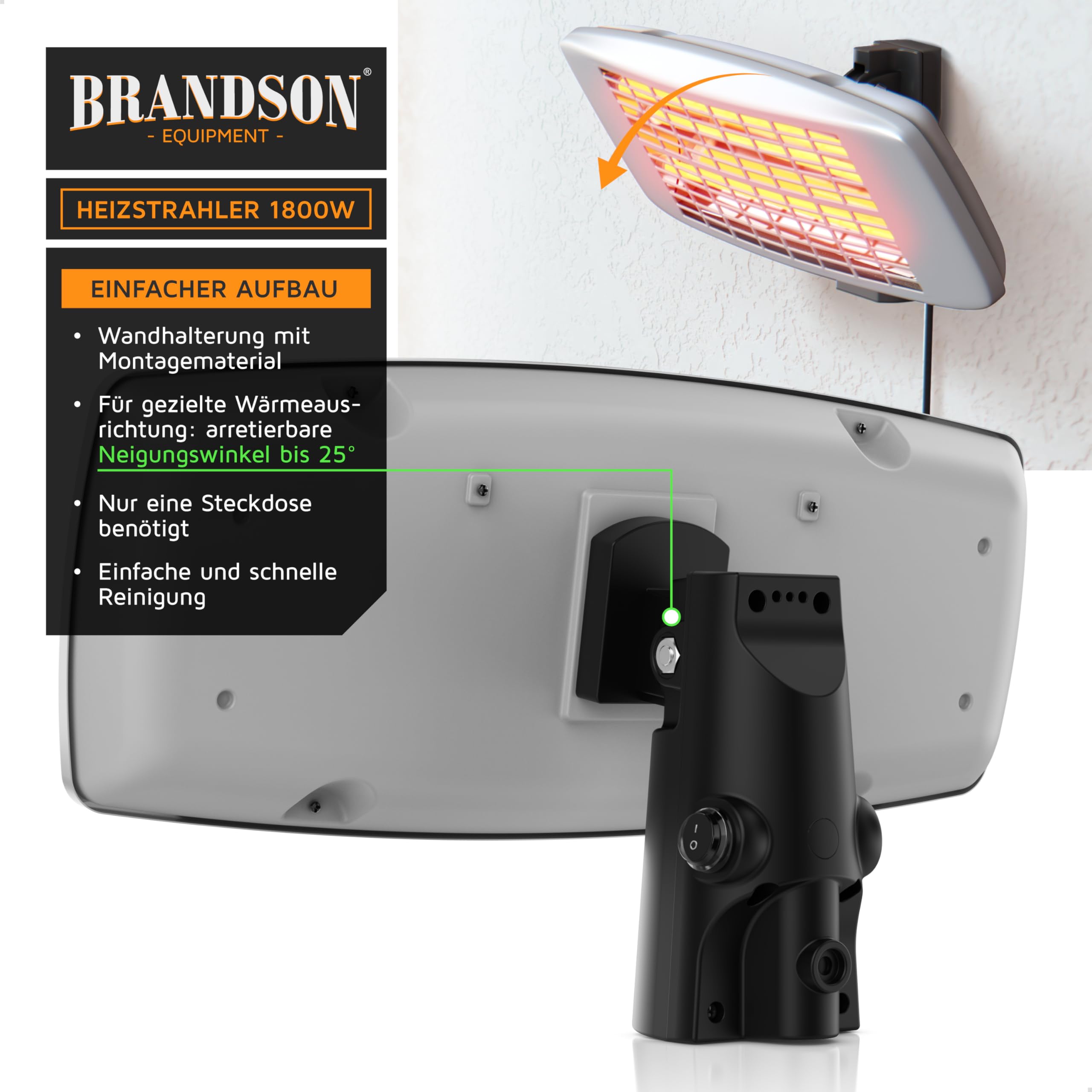Brandson - Infrarot Wickeltischstrahler - Wickeltisch Heizstrahler Baby mit Fernbedienung - 1800 Watt - 3 Leistungsstufen Heizelemente - LED Power-Indikator – inkl. Wandhalterung – schwenkbar