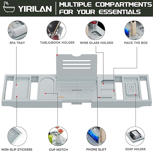 Miniatura 3 de Yirilan Bandeja de baño, organizador plegable para bañera, bandeja de baño de bambú ajustable de alta calidad para bañera, para spa en casa, idea de