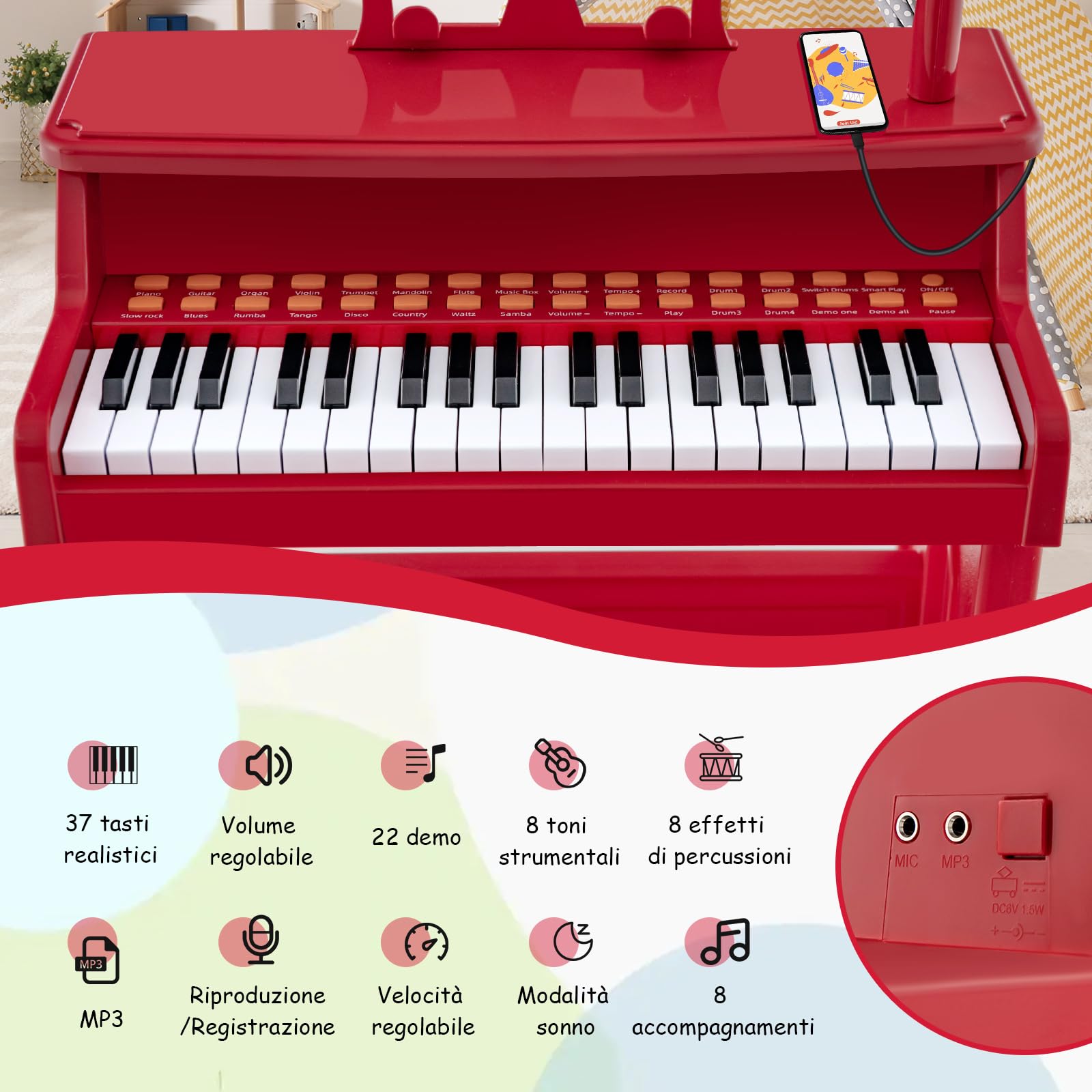 COSTWAY Set Pianoforte Elettrica a 37 Tasti, Tastiera Digitale con Microfono Regolabile, Supporto Rimovibile, Funzioni di Record e Playback, Pianoforte Giocattolo per Bambini 3+Anni (Rosso)
