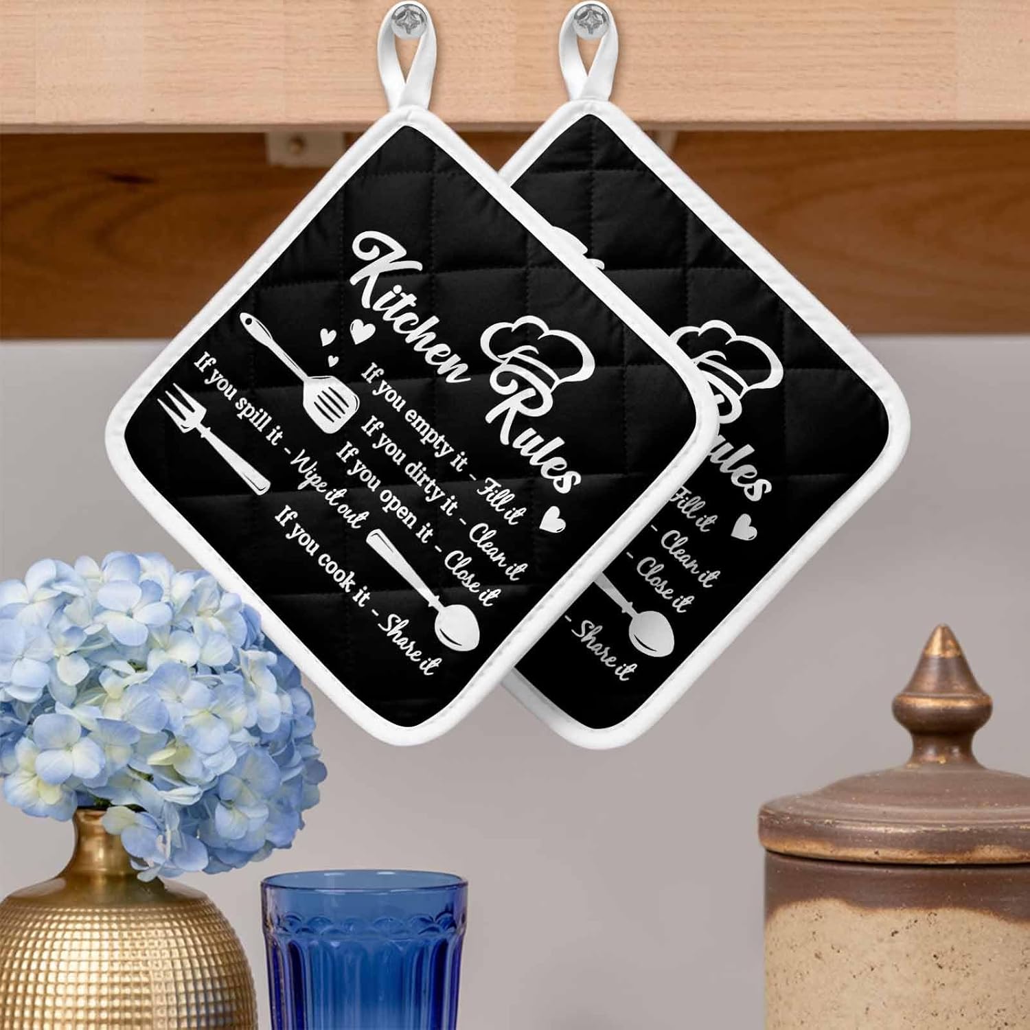 Pot Holder Set of 5 Kitchen Rules Black and White Potholder Heat Proof Non Slip Pot Holders, Kitchens Utensils Appliances Hot Pads Potholders for Kitchen Cooking Baking BBQ