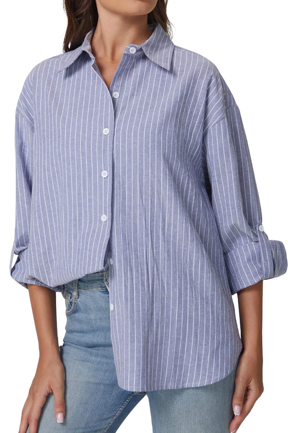 Oversized Button Down Shirts for Women Long Sleeve Striped Casual Blouse Cotton Tops
