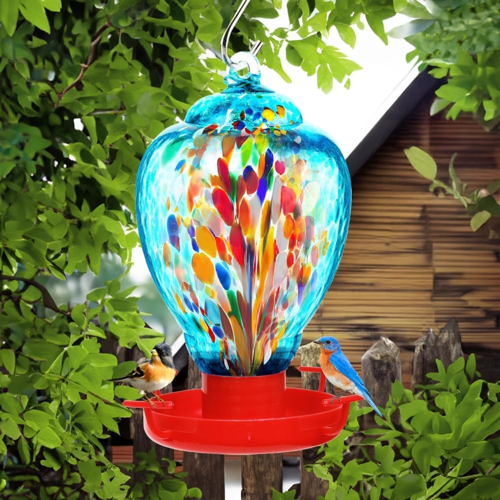 Colorful Glass Wild Bird Waterer 32 Oz Bird Water Feeder for Outdoors Garden Outside Water Cooler Tree Yard Decoration (Blue-fire)