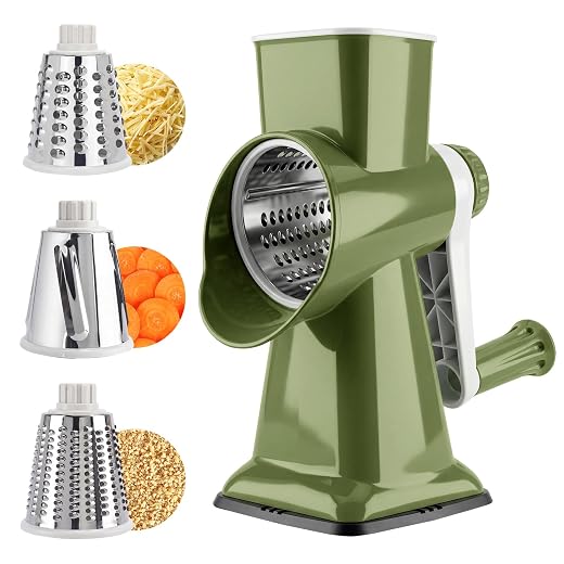 Rotary Cheese Grater, Cheese Grater Hand Crank, 3-Blade Grater | 3 stainless steel drums create fine shreds,coarse grates and slices for cheese, vegetables, salads, pizza and daily meal prep