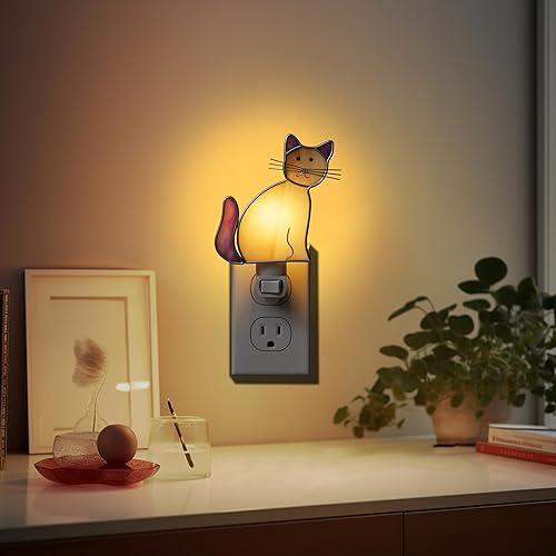 Miniatura 8 de KY&BOSAM Luces nocturnas de gato con vitrales enchufables a la pared, 1 paquete de 7 W, luz nocturna de atardecer a amanecer, luz nocturna blanca