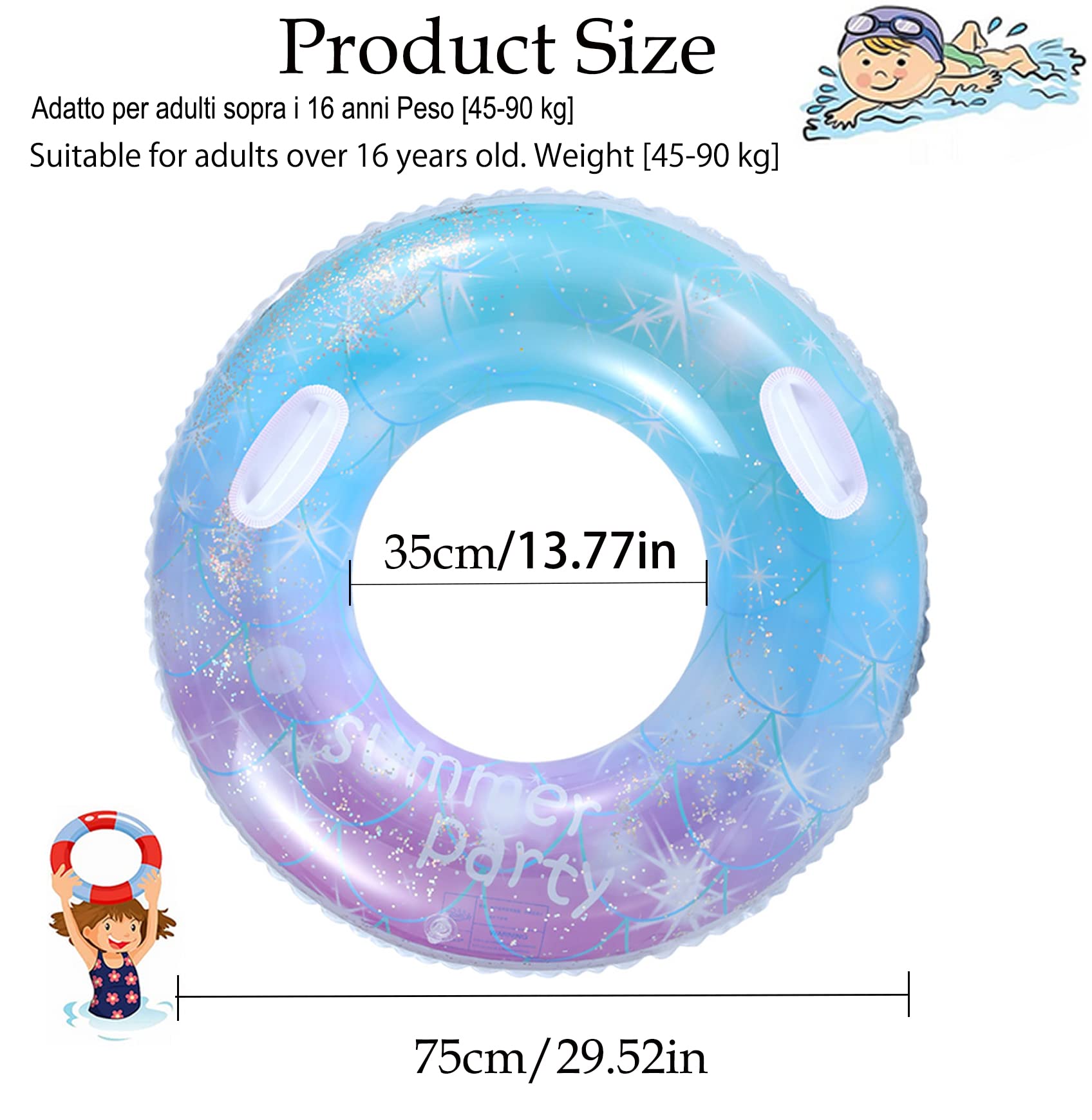 Salvagente Gonfiabile Adulti A Forma Di Sirena - Con Impugnature E Paillettes Stellate, Ciambella Da Nuoto - Foto 8