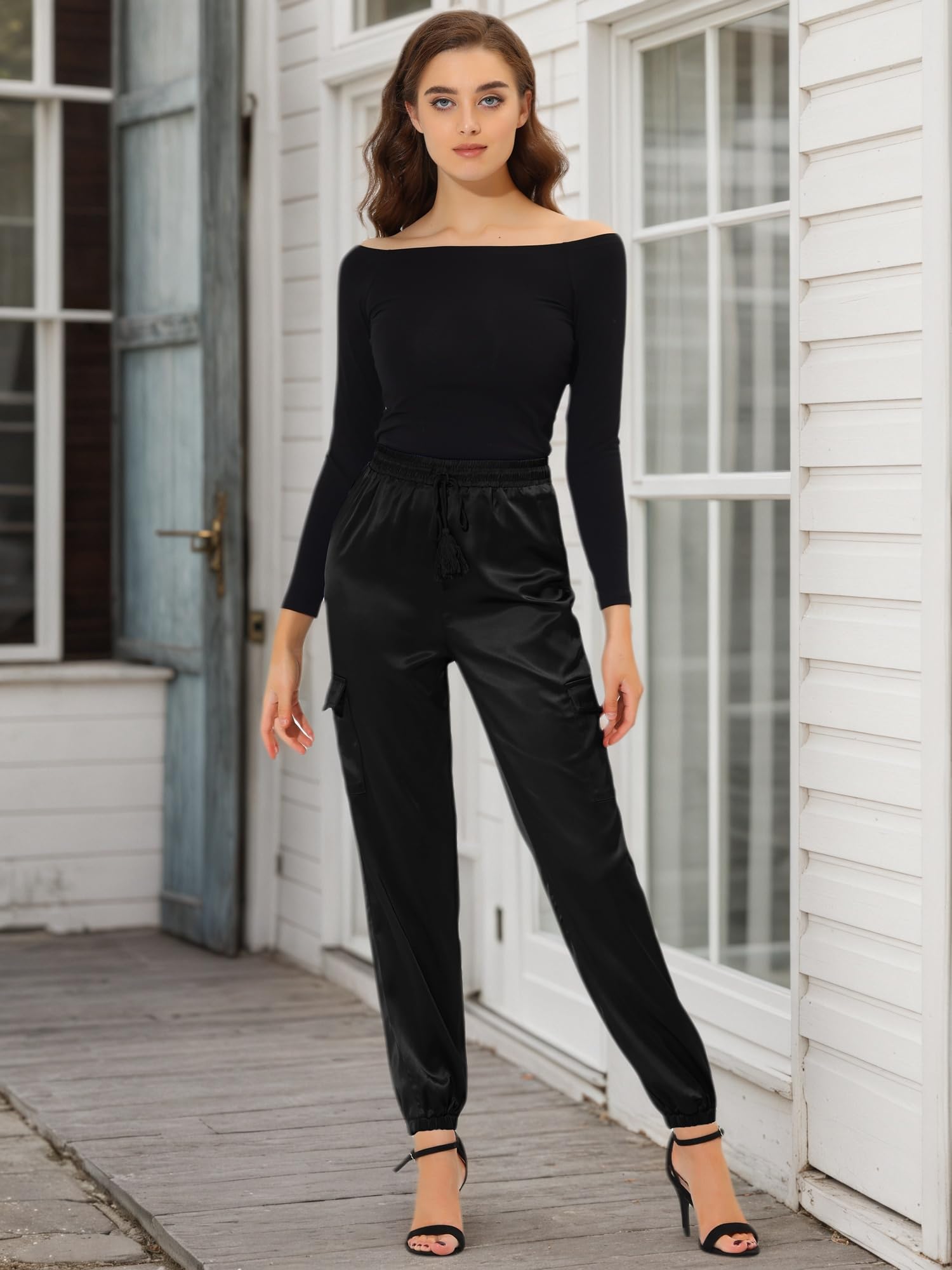 Allegra K Damen Satin Hose Eastisch Seidig Satinhose Kordelzug Cargohose Pants