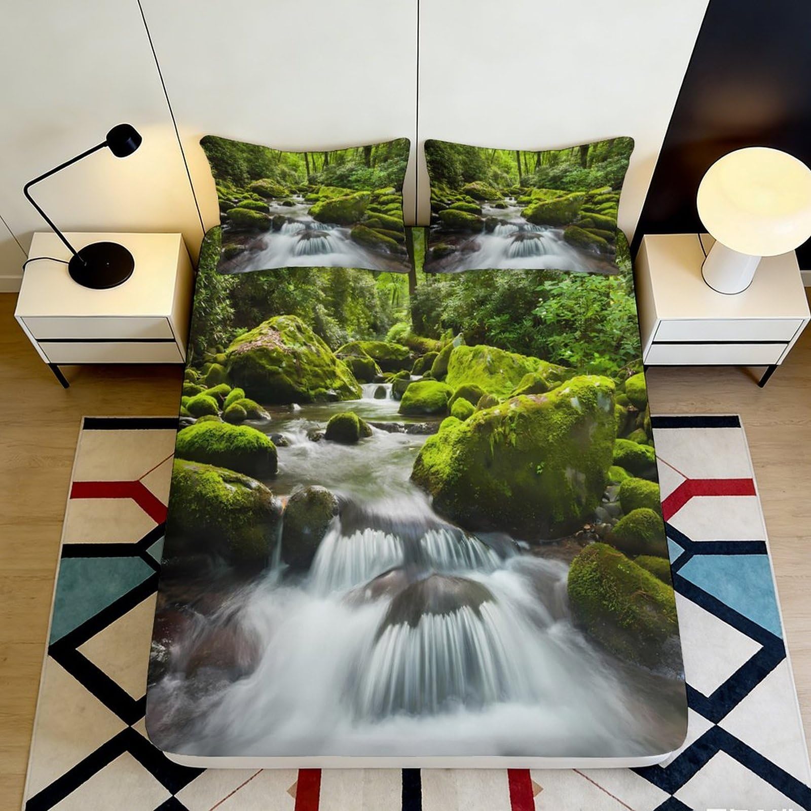 3D Printed Forest Waterfall Fitted Sheet Microfiber Deep Pocket Bedroom Bedding Nature Mattress Fitted Cover Washable 90x200x25cm