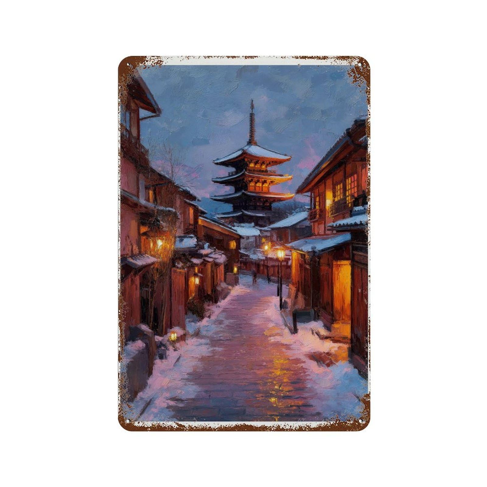 xiaoxiaoshen Kyoto Japan Watercolor Snowy Pagoda Street Travel Wall Decor Art Metal Tin Poster Modern Home Decor Art Home Bar Shop Decorations Vintage Sign 30x20cm