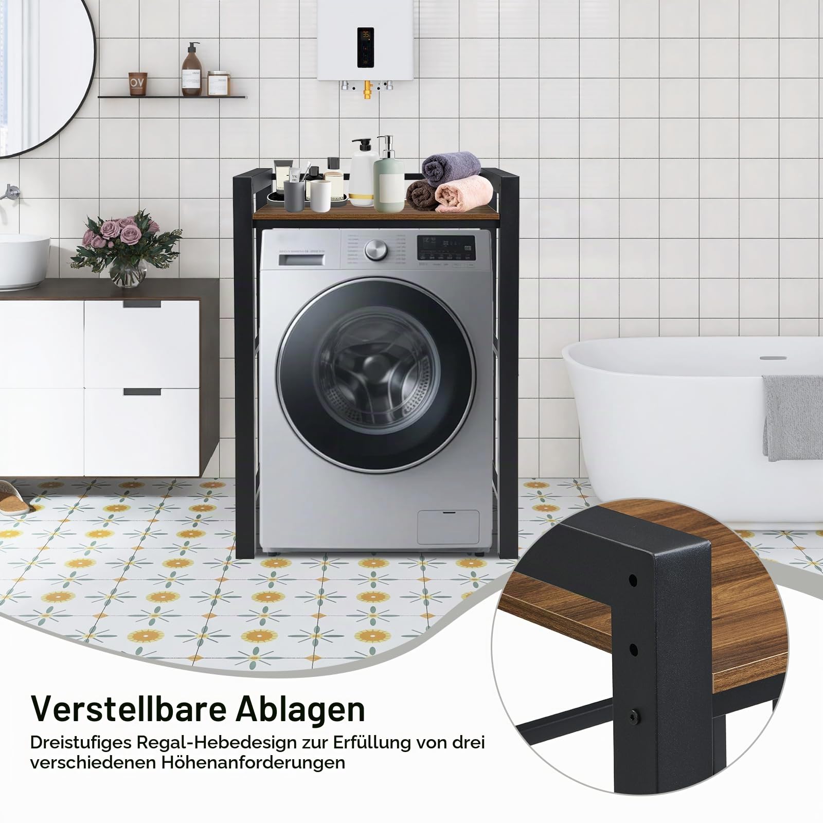 Regal über Waschmaschine mit Regalbrett,Waschmaschinenschrank Tragfähigkeit 300kg,Waschmaschinenregal für Waschmaschine und Trockner,Verbindungsrahmen Kit für Waschmaschine & Trockner