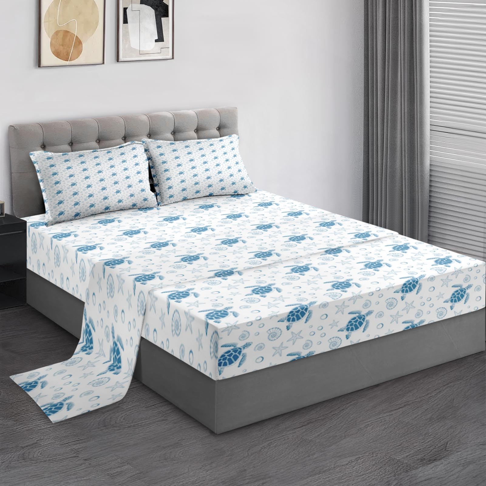 Pamnest Twin Size Bed Sheet Sets, Sea Turtle Ocean Soft Microfiber 3 Pcs Bedding Sets for Kids and Adults Bedroom Bed Decor, Animal Starfish Beach Flat, Fitted Sheet and Pillowcases