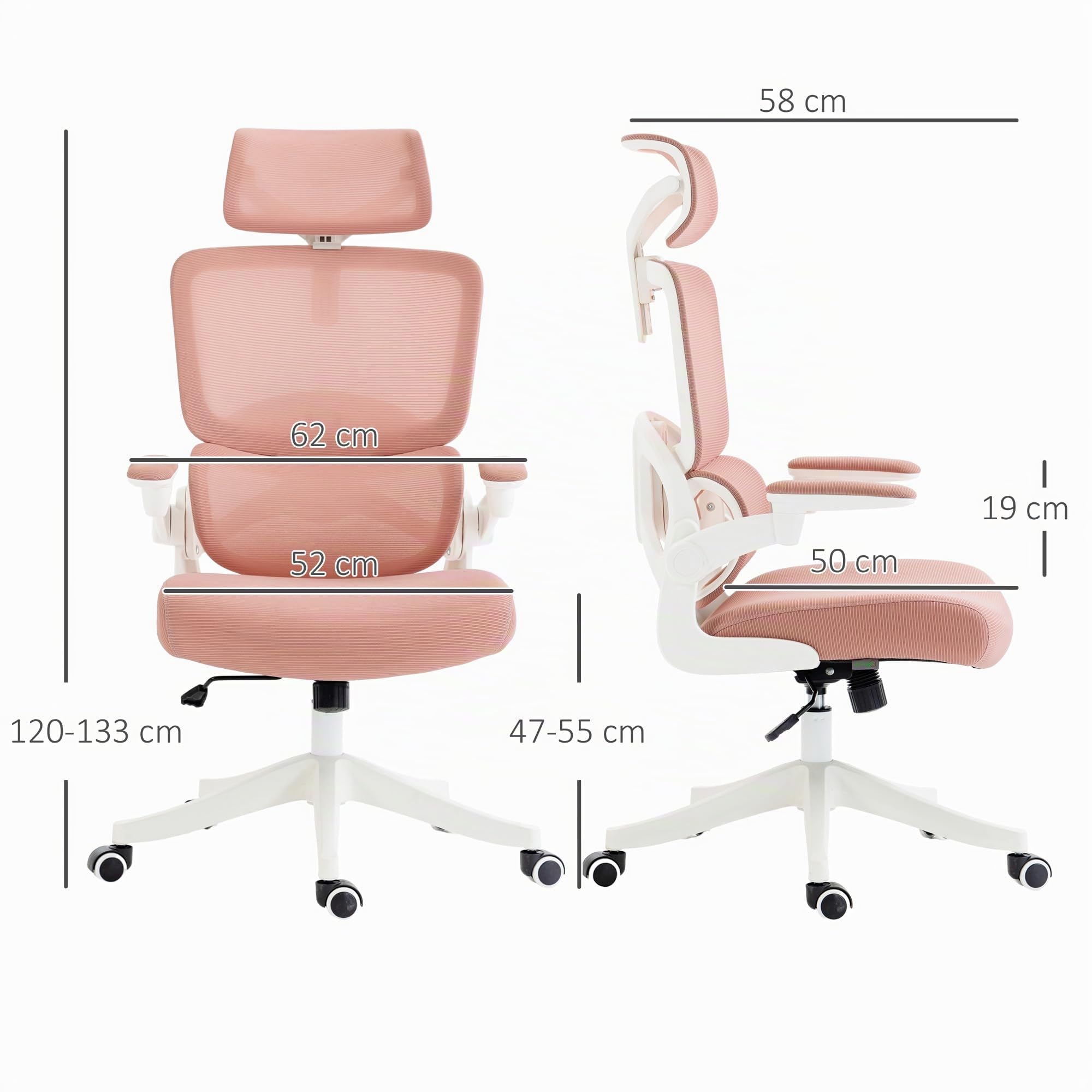 Vinsetto Silla de Oficina Basculante Reposacabezas 62x58x120-133 cm Rosa