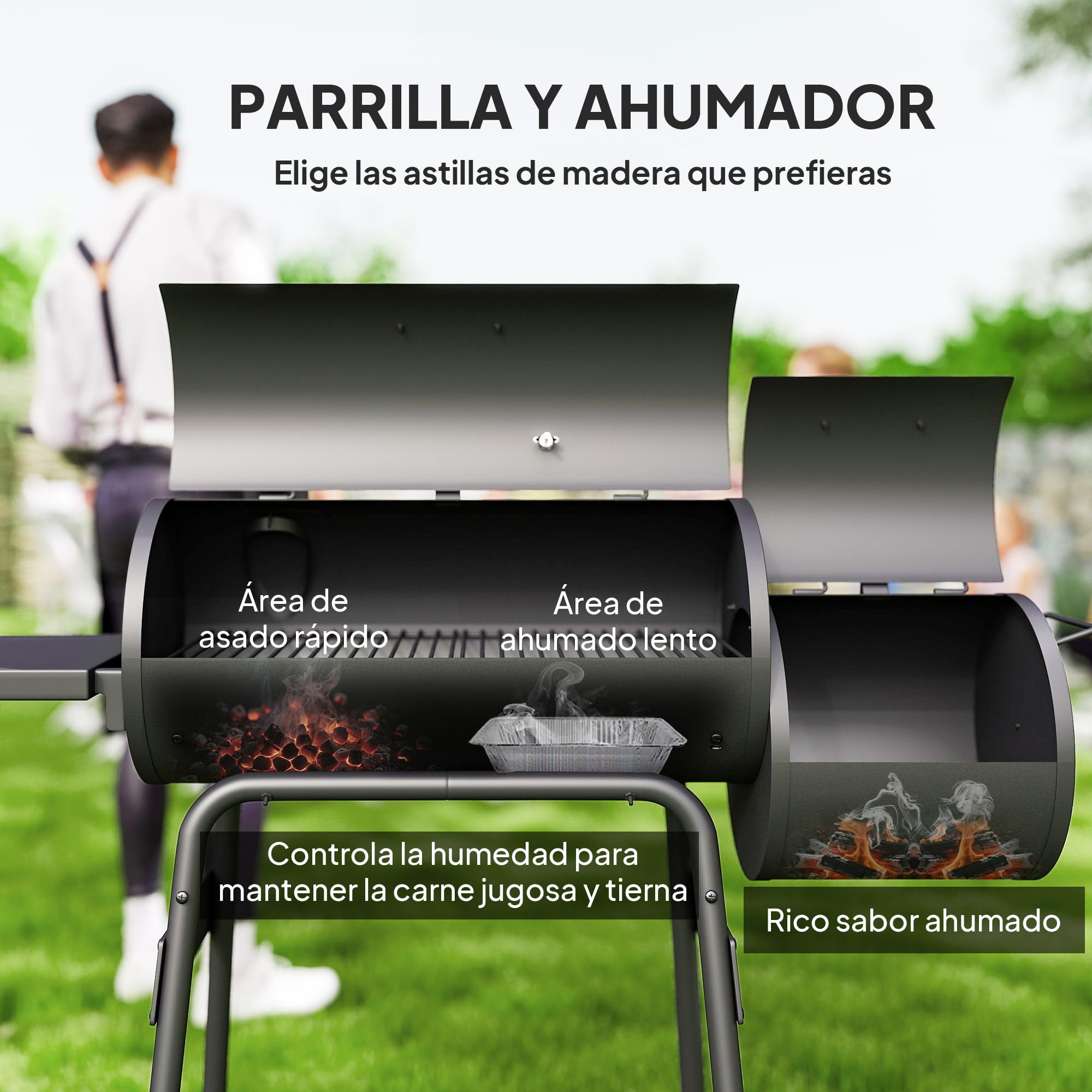 Outsunny Barbacoa de Carbón 3 en 1 Ahumador Parilla de Carbón Barbacoa de BBQ 124x53x104 cm con Termómetro y Ruedas Estantes de Madera Picnic Acampada al Aire Libre