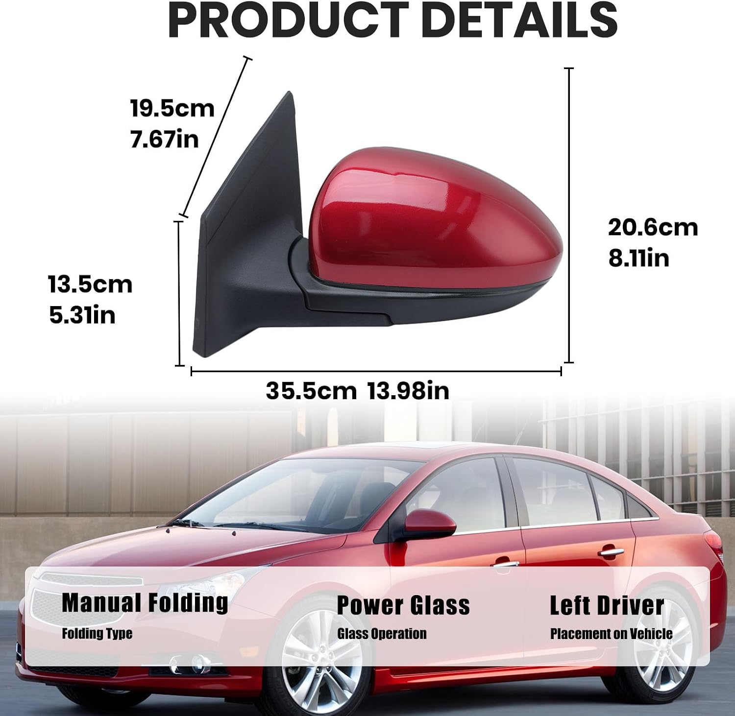Left Driver Side Mirror Compatible with Chevrolet Chevy Cruze Sedan/Hatchback 2011-2015 Power Glass Manual Folding without Heated without Turn Signal Replace GM1320420 3 Pins (Red)