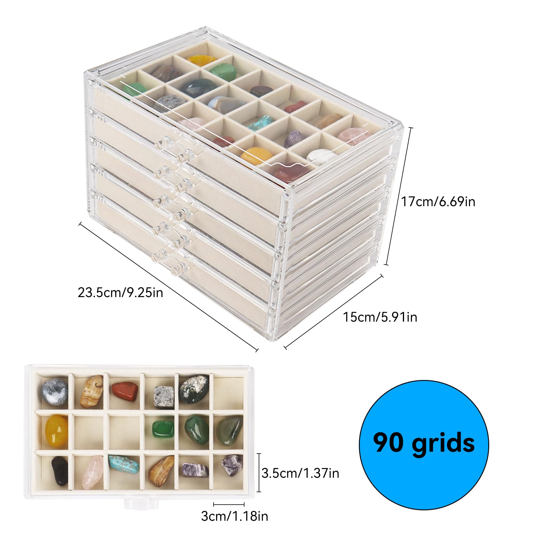 Rock Vitrine 5 tiroirs 90 grilles Acrylique Rock Boîte de rangement pour petites pierres précieuses Fossil Cristal Pierre Objets de collection (beige)