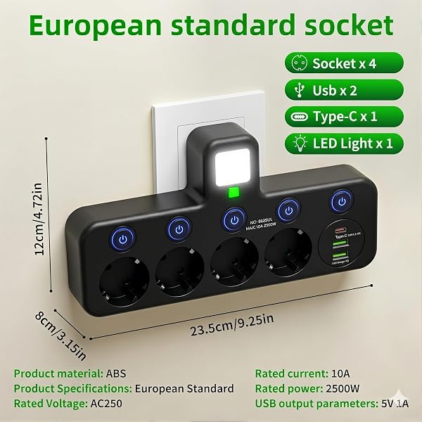 Regleta de Enchufe de Pared con 4 Tomas Europeas, Adaptador con USB C y 2 USB A, Ladrón de Enchufe con Interruptores Independientes para Hogar y Oficina (Negro) (Negro) - 2
