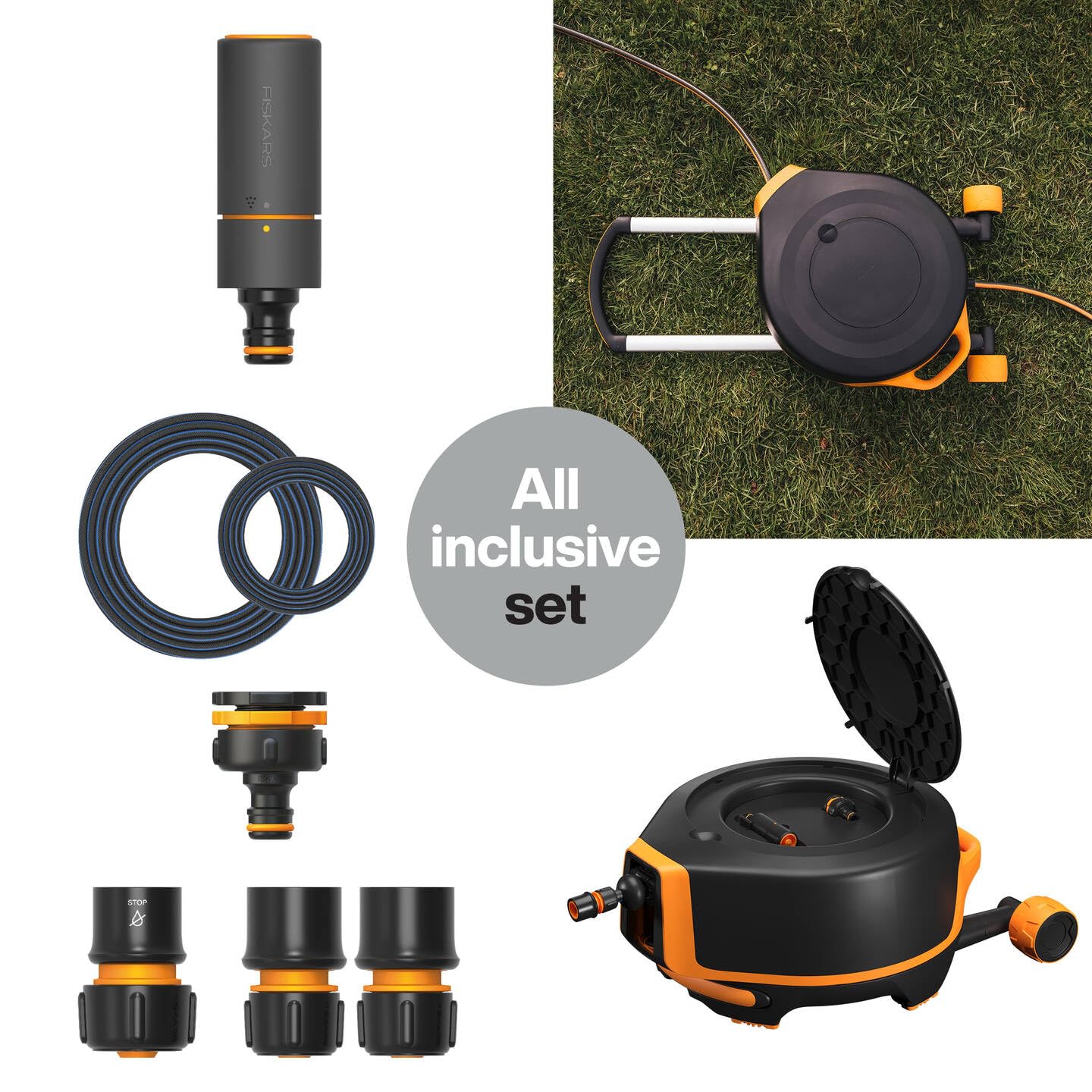 Fiskars Waterwheel XL mit Rädern, All-Inclusive-Bewässerungs-Set, 27 m Gesamtreichweite, Automatisches Aufrollen, Gartenschlauch in Universalgröße (Ø 13 mm), Universal-Hahnverbinder, X-series, 1067548
