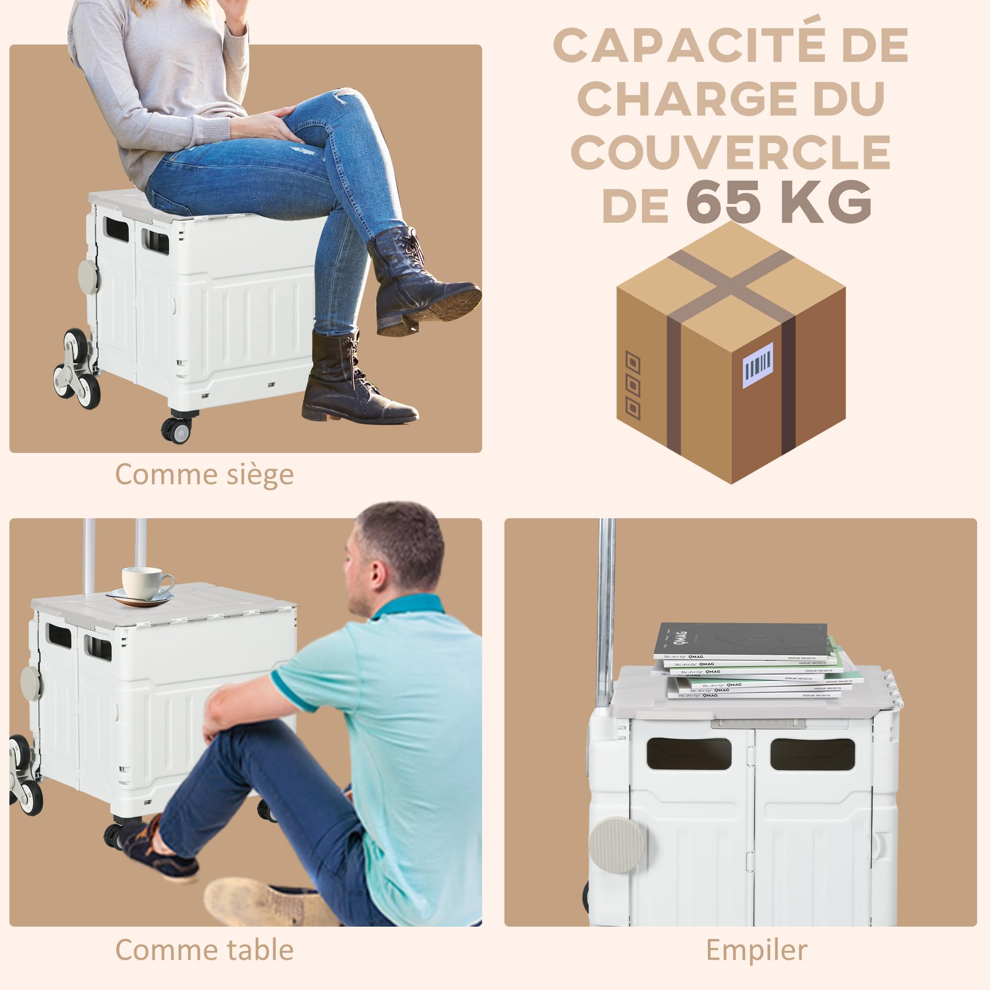HOMCOM Chariot de Courses Pliable poignée télescopique réglable Blanc | Caddie de courses portable, Couvercle, Chariot montant escalier à roulettes, Charge max. 80 kg