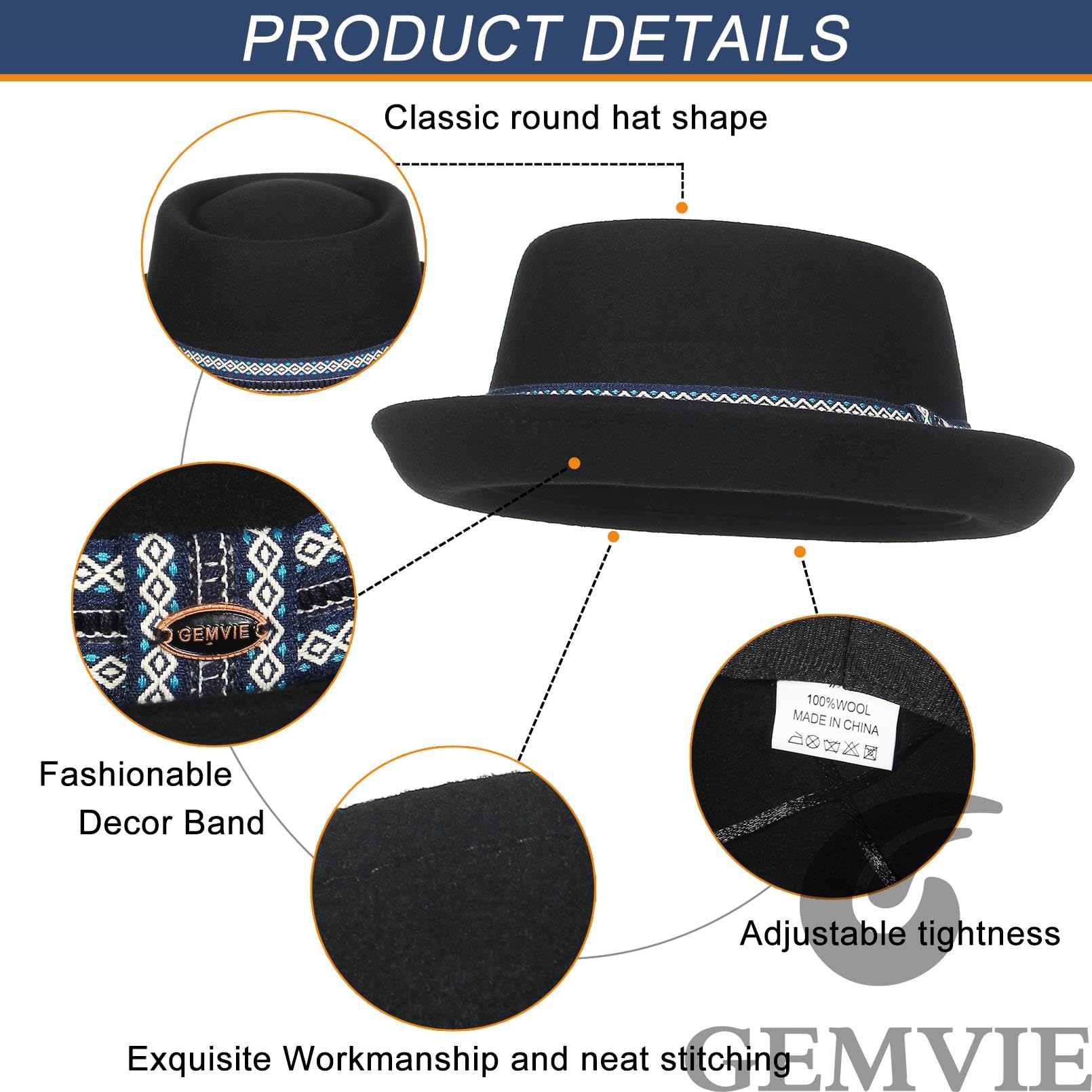 GEMVIE Kapelusz wieprzowy dla mężczyzn i kobiet 100% filcowy wełniany kapelusz Fedora Trilby czarny dorosły unisex kapelusze porkpie, Czarny + retro pasek, Rozmiar uniwersalny