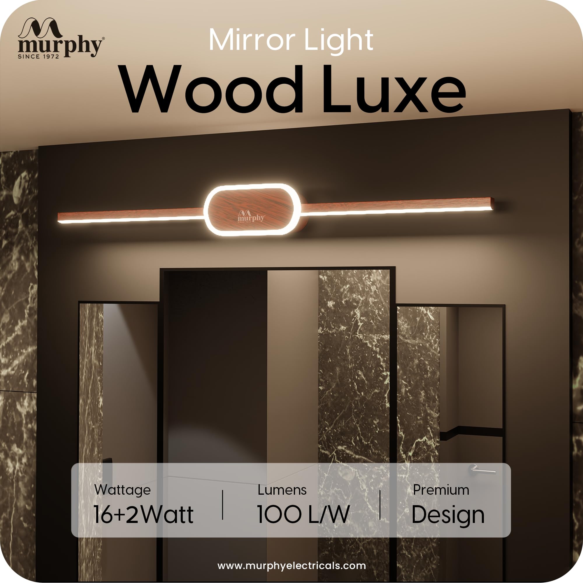 Murphy 16W+2W LED Mirror Light | 3 Color Changing (White/Warm/Natural) | Wooden Finish, Modern Over Mirror Bathroom/Dressing Table Light | Pack of 2 | 2-Year Warranty 1