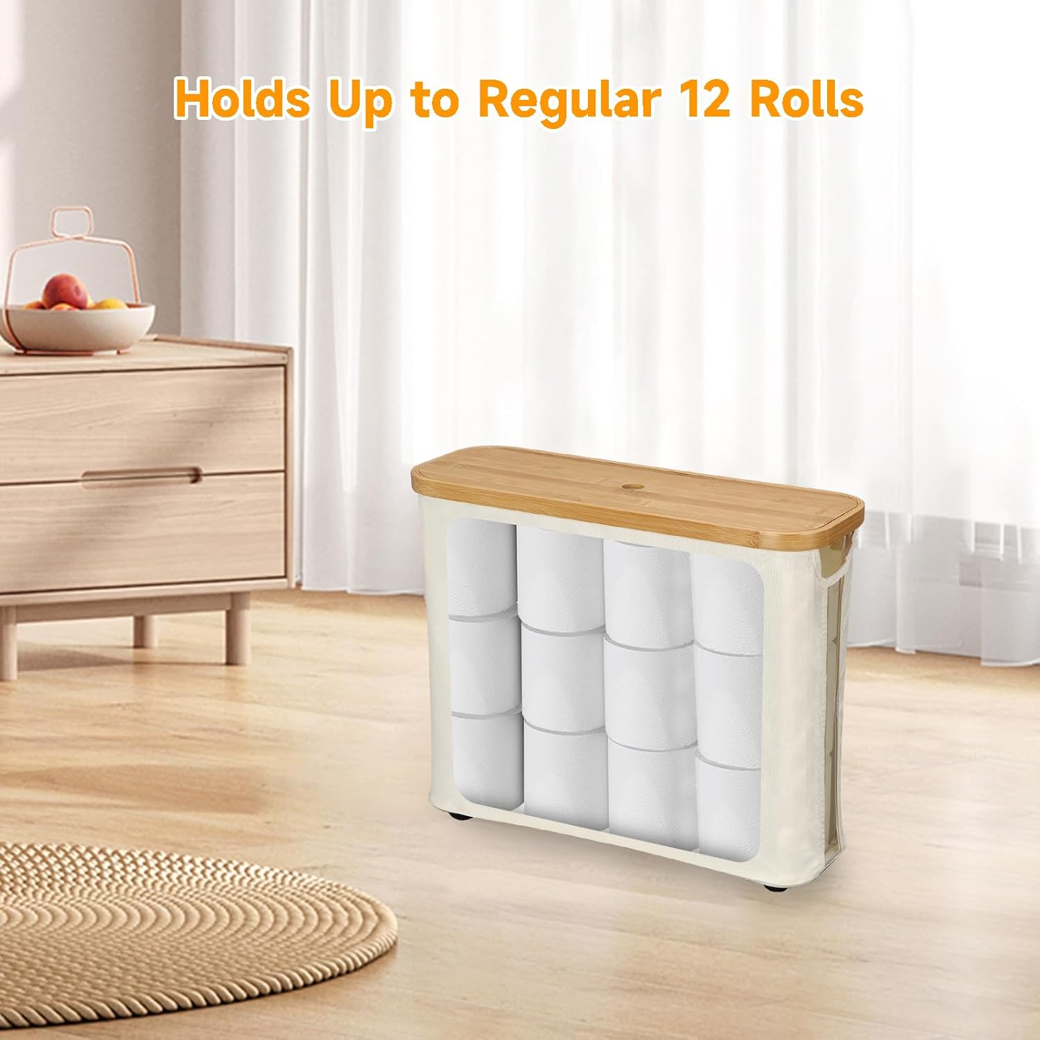 24 L Toilet Paper Storage Basket, Collapsible Bathroom Toilet Paper Holder Tall Slim Laundry Hamper with Lid Wood Toilet Roll Organizer for Bathroom Holds Up to 9-12 Rolls (Beige)