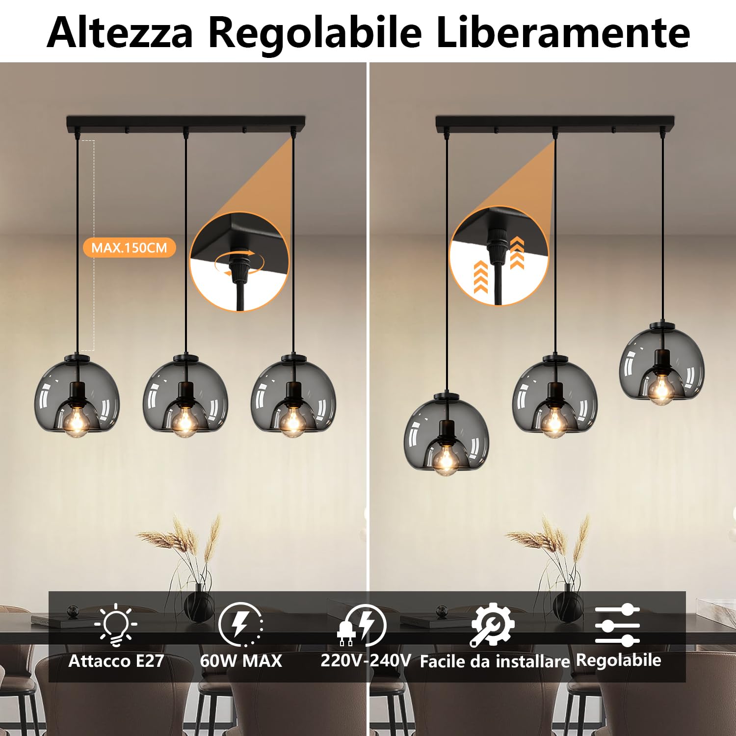 Lampada a Sospensione Vetro 3 Luci - Lampadario da Soffitto Cucina Vintage | Altezza Regolabile, Paralume Vetro Trasparente Nero, Attacco E27 Plafoniera da Soffitto per Cucina, Camera da Letto, Caffè