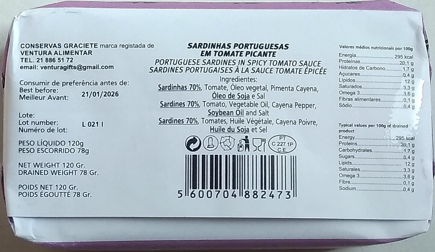 Conservas GRACIETE - Sardina intera in salsa di pomodoro piccante/Prodotto Gourmet del Portogallo - 5 x 120 gr Pack