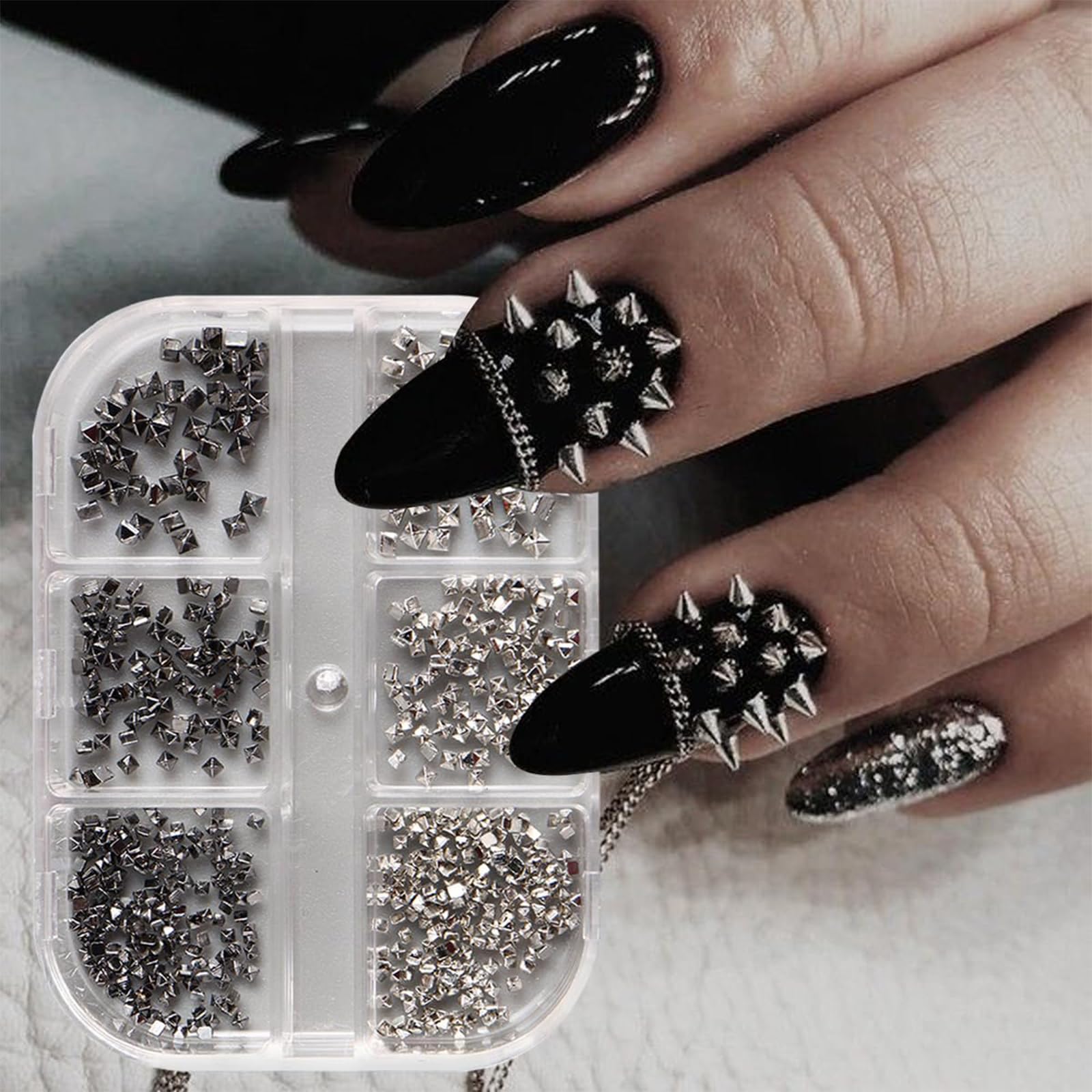 12 pudełek gotyckich zawieszek do paznokci, mini kolce do paznokci, punkowe ćwieki, styl wiktoriański i Halloween, manicure, dekoracje do paznokci, płaskie, metaliczne kolce 3D