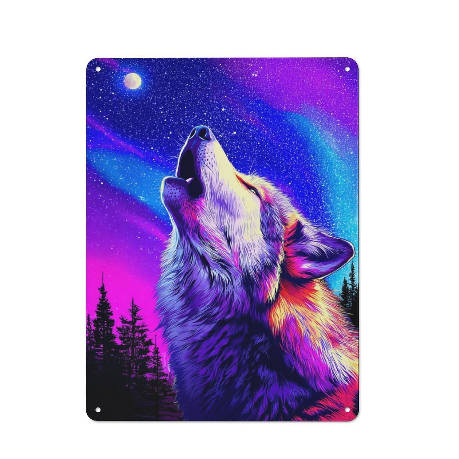 Junmoney Neon Wolf Howling At The Moon -3 Country Farmhouse Metal Sign 40X30cm, Farmhouse Wall Decor For Dining Room, Cafe, Entryway Or Family Room